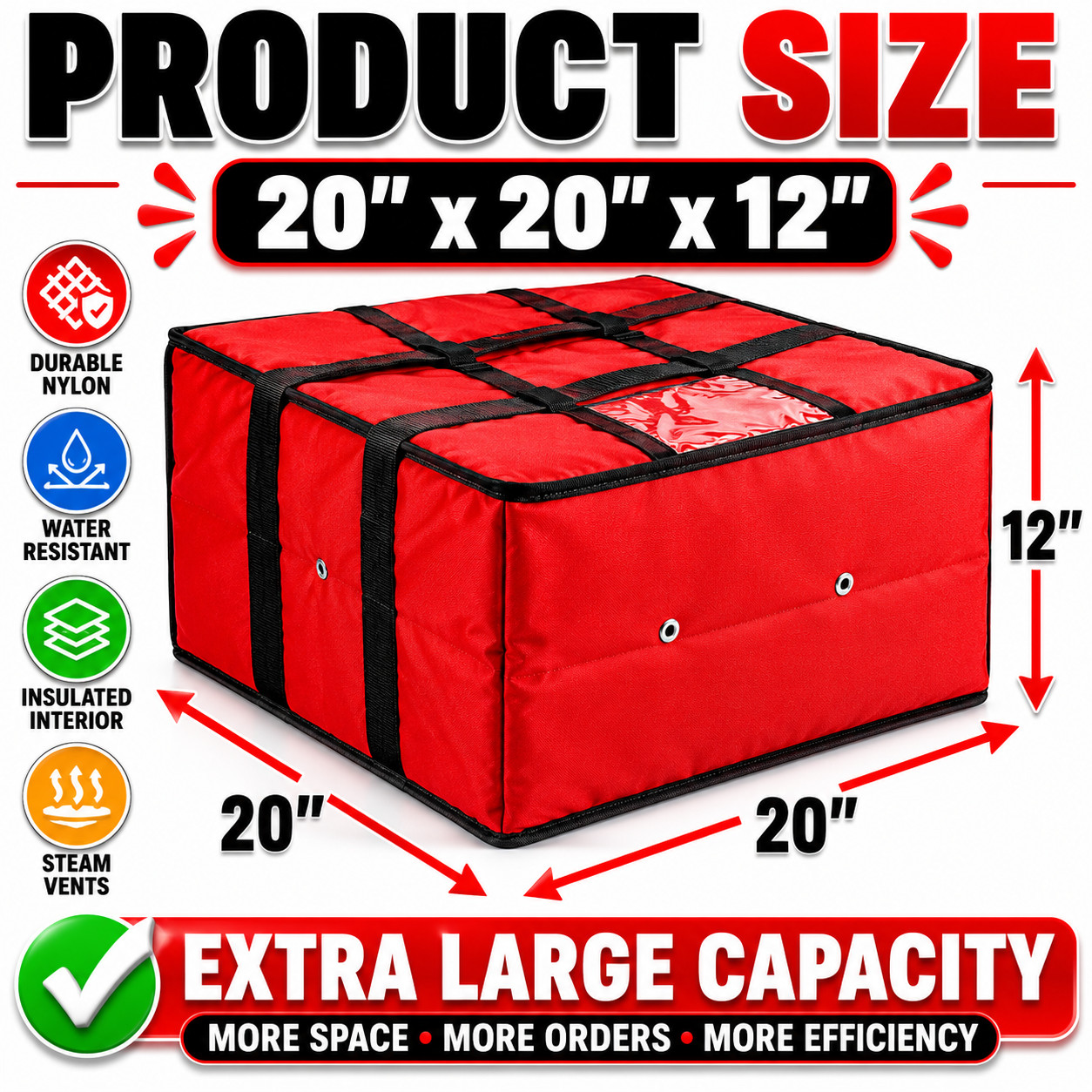 20″ x 20″ x 12″ Red Vinyl Insulated 16″ & 18″ Pizza Food Delivery Bag