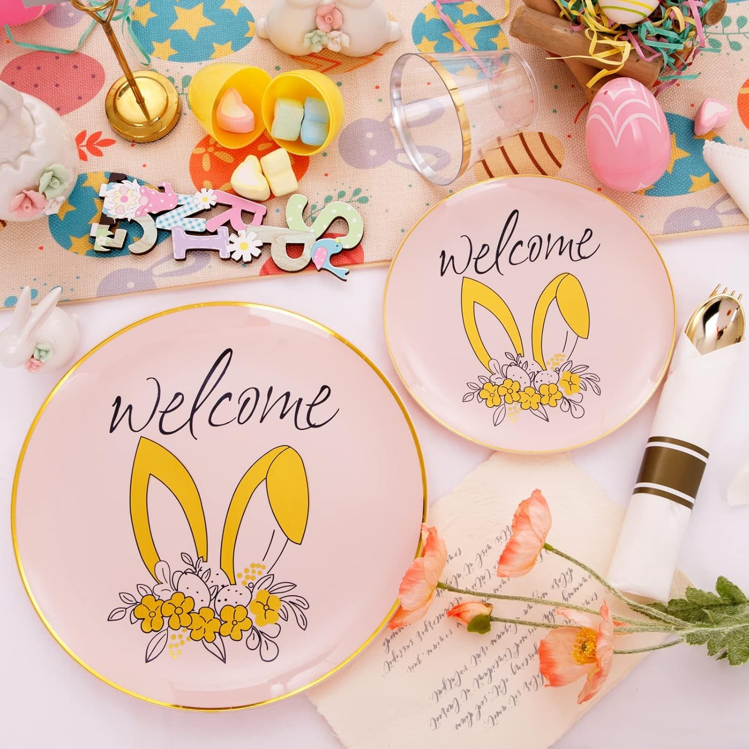 210Pcs Easter Plastic Plates,Pink Gold Party Plates with Bunny Egg Design