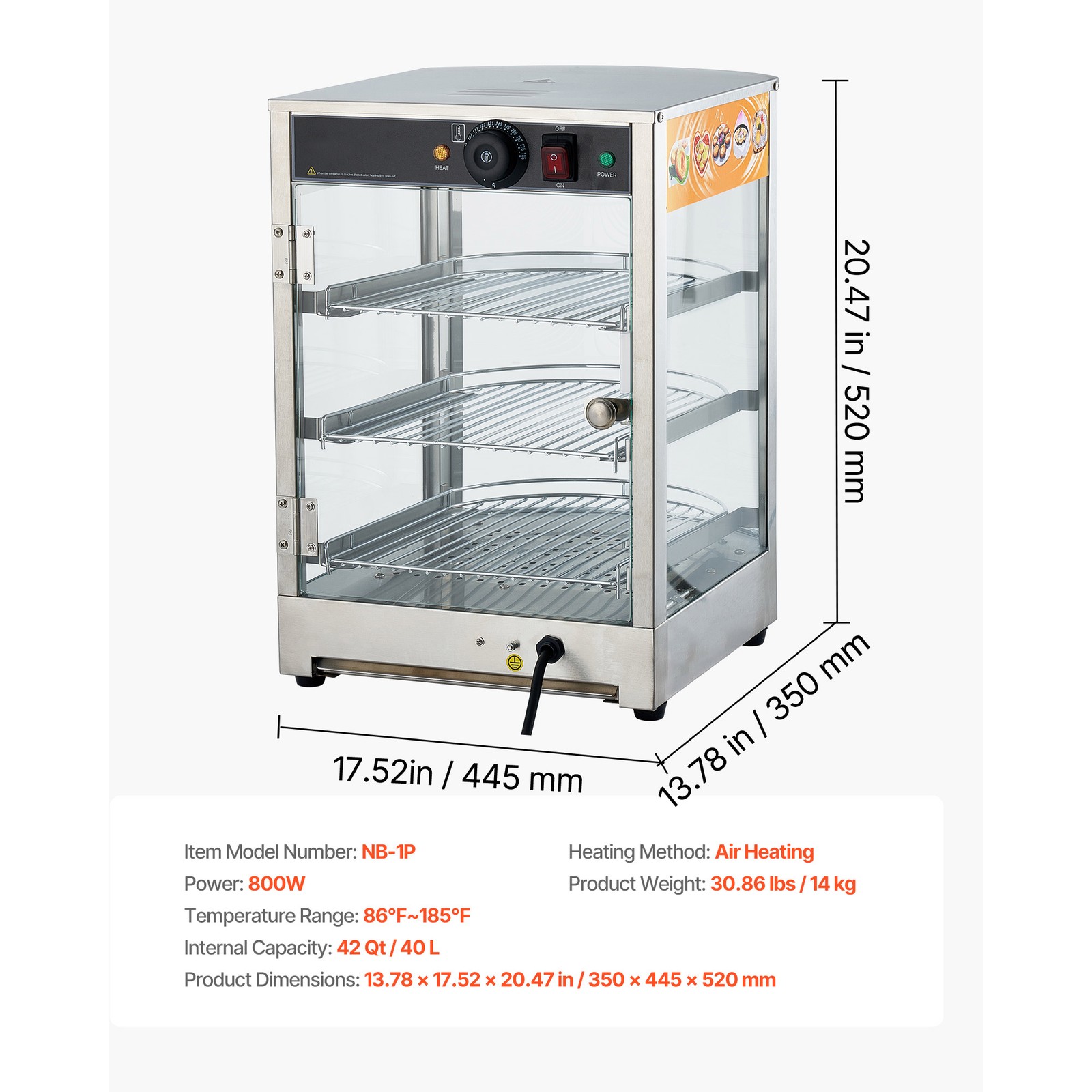 Uimoso 3-Tier Commercial Food Warmer Display Cabinet with LED Light,60L Capacity
