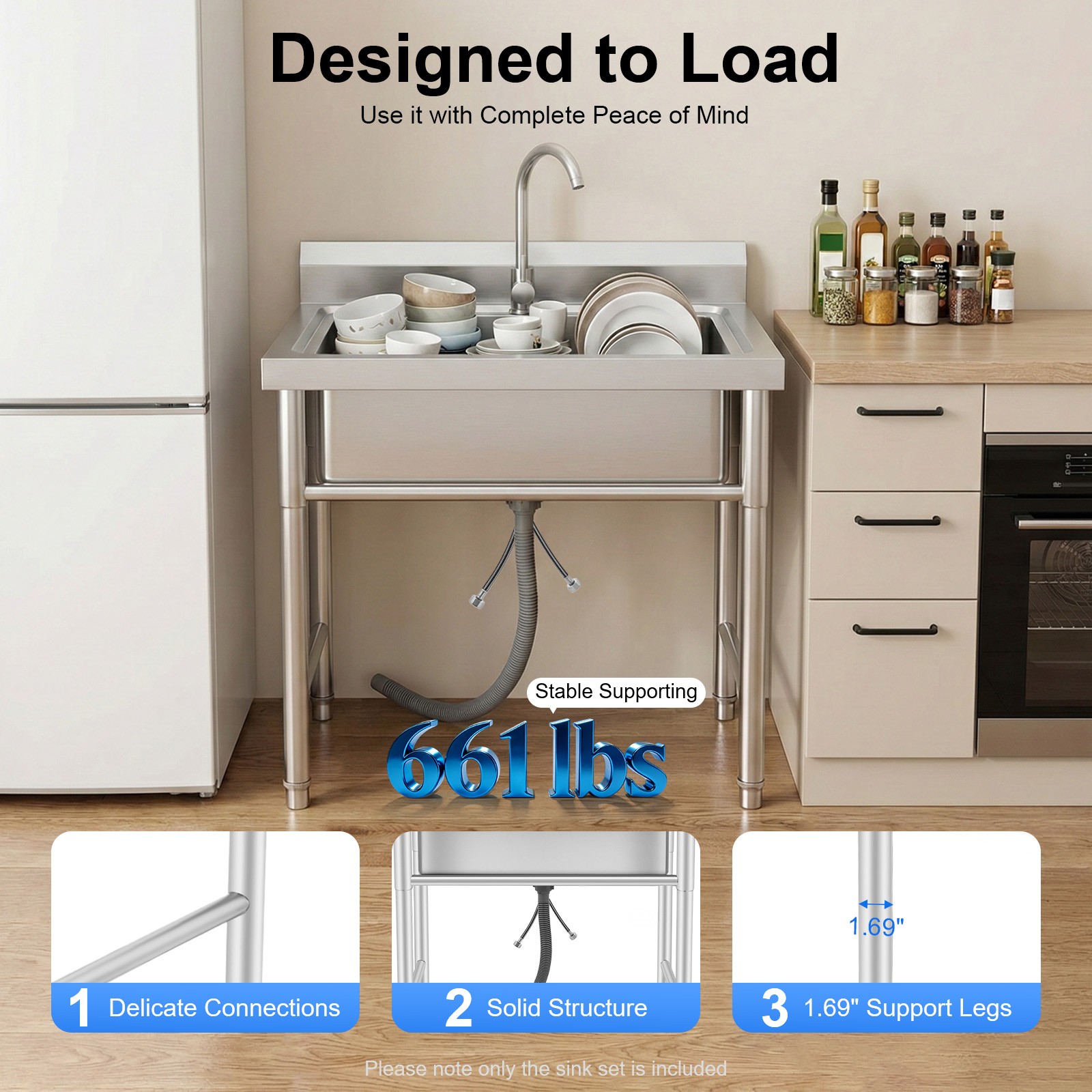 Utility Kitchen Sink Standing Stainless Steel Commercial Restaurant Laundry Sink