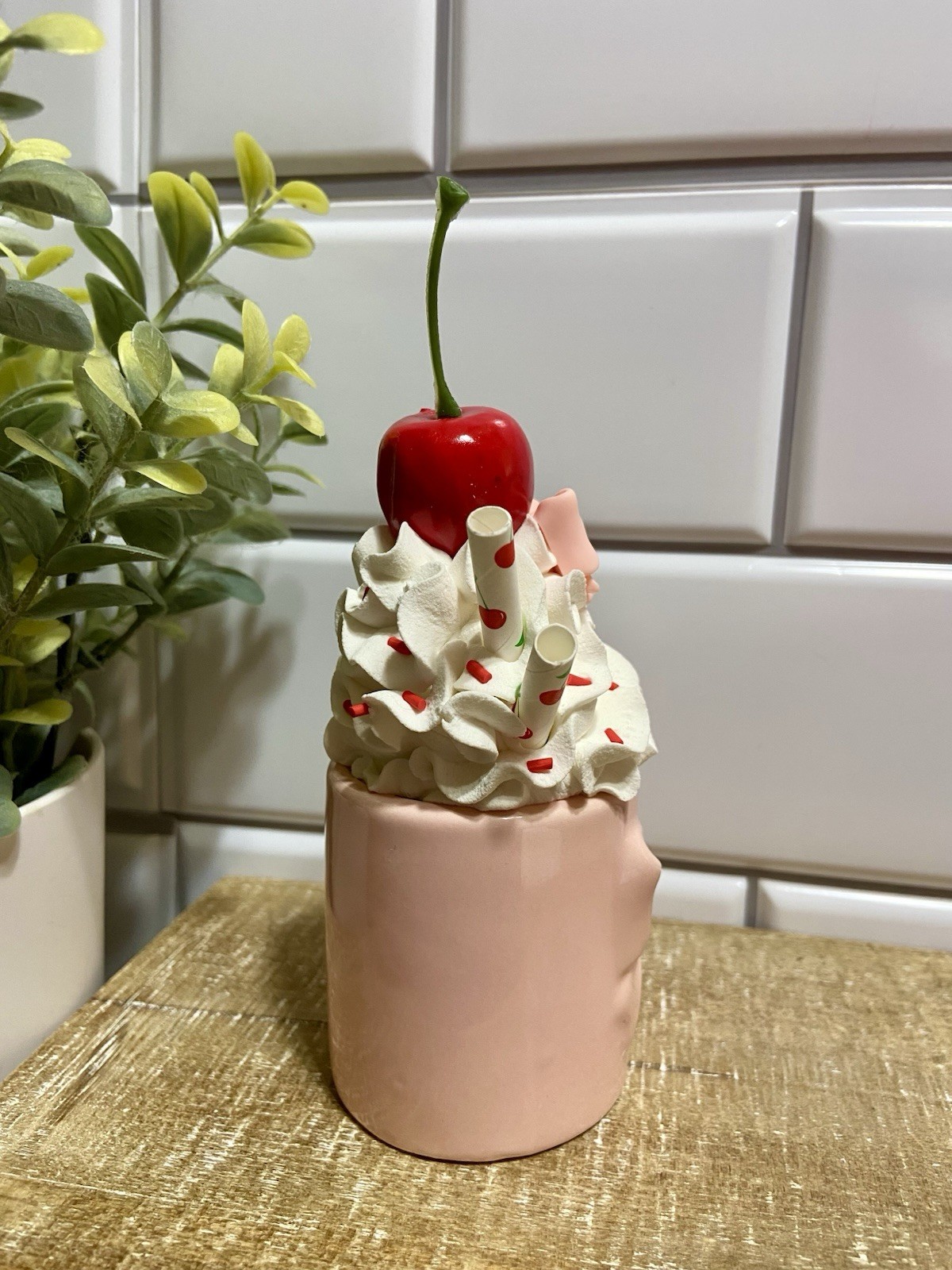 Cute PINK Mini Ceramic Mug Faux Fake Whipped Cream Tiered Tray Decor HANDMADE