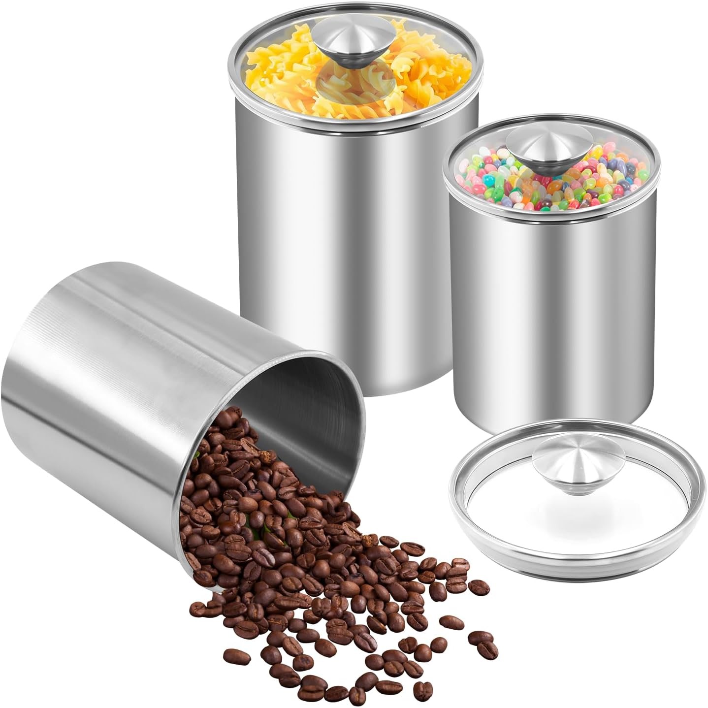 Stainless Steel Food Storage Container Set of 3, 88/61/29 oz with Clear Glass