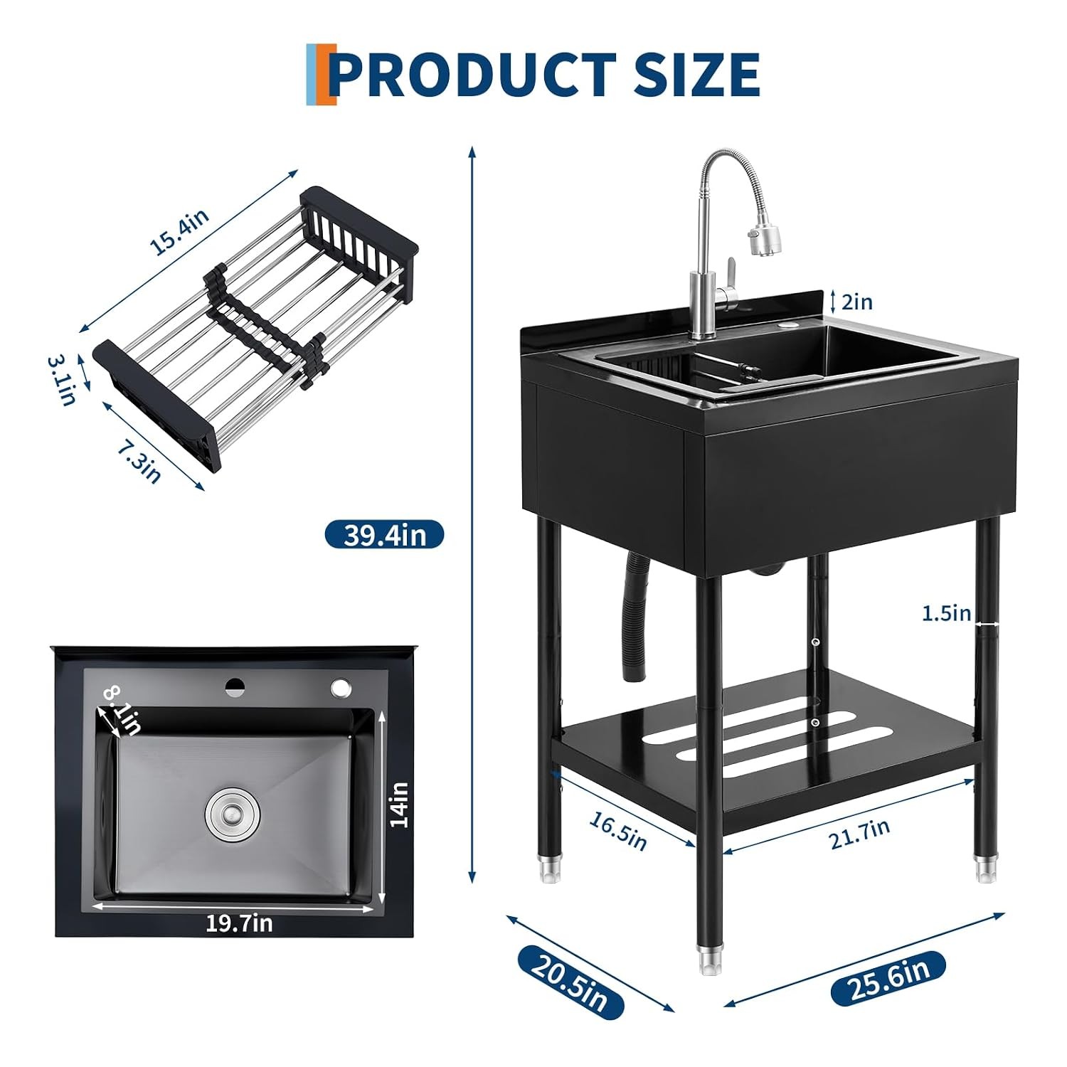 Black Adjustable Stainless Steel Utility Basin Single Bowl Freestanding w/Faucet