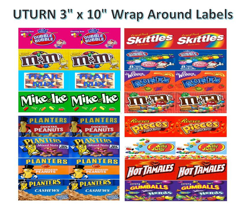 2 Uturn 3″ x 10″ Peel & Stick candy Vending Labels Stickers Wrap around