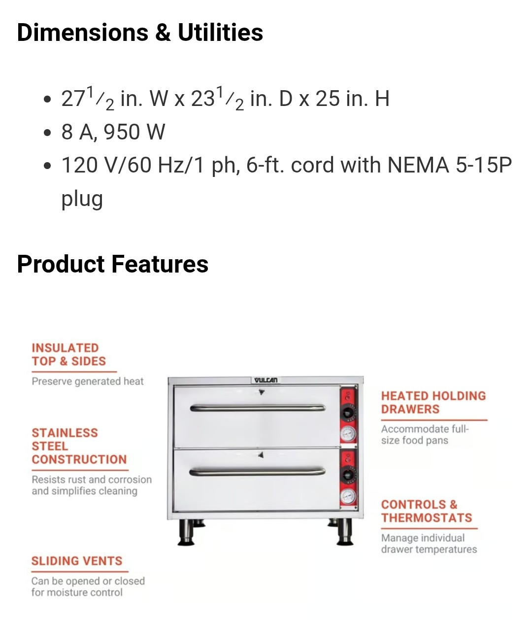 Vulcan VW2S Double Food Warming Drawer 120V 950W