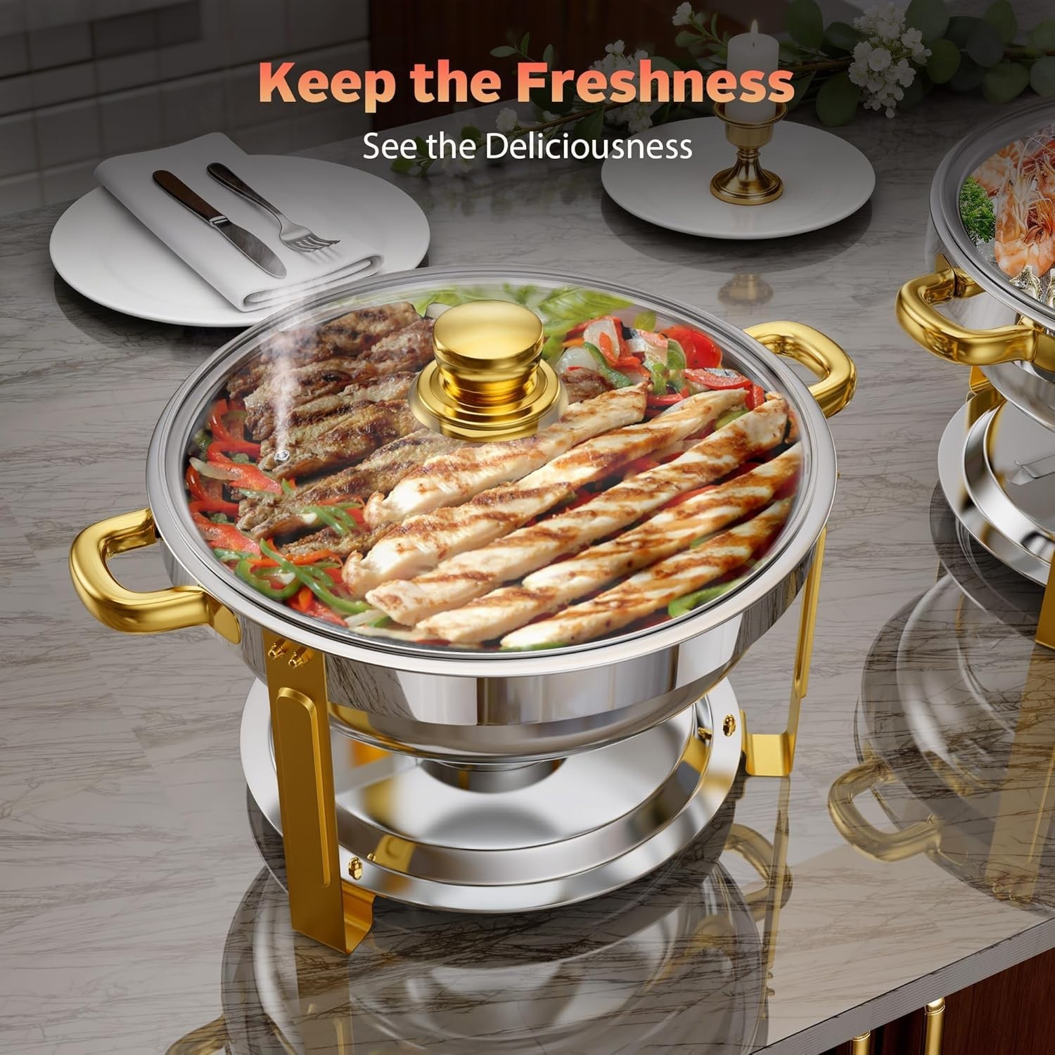 4 Pack 6QT Round Stainless Steel Chafing Dish Set with Glass Lid (Sliver & Gold)
