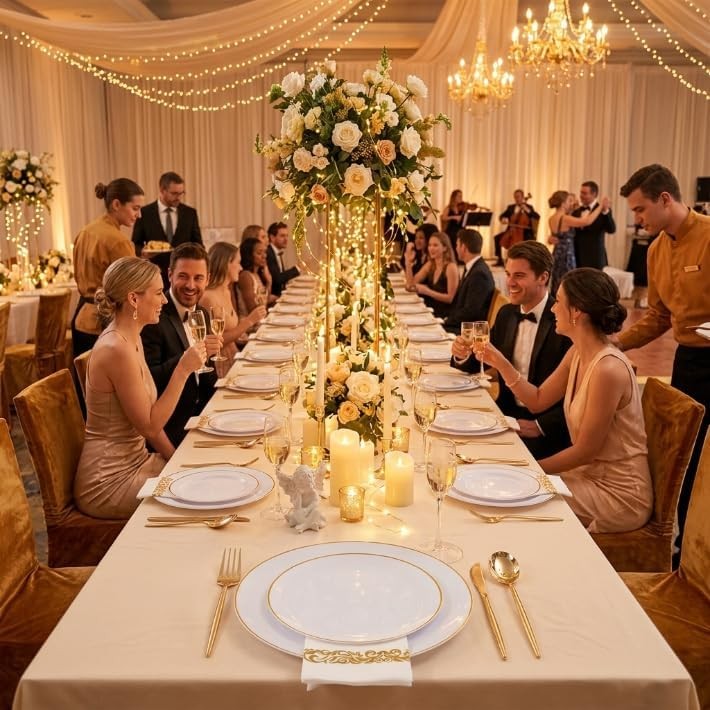 MirthMood 210Pcs Disposable Plastic Plates Set, Gold and White Plastic Party