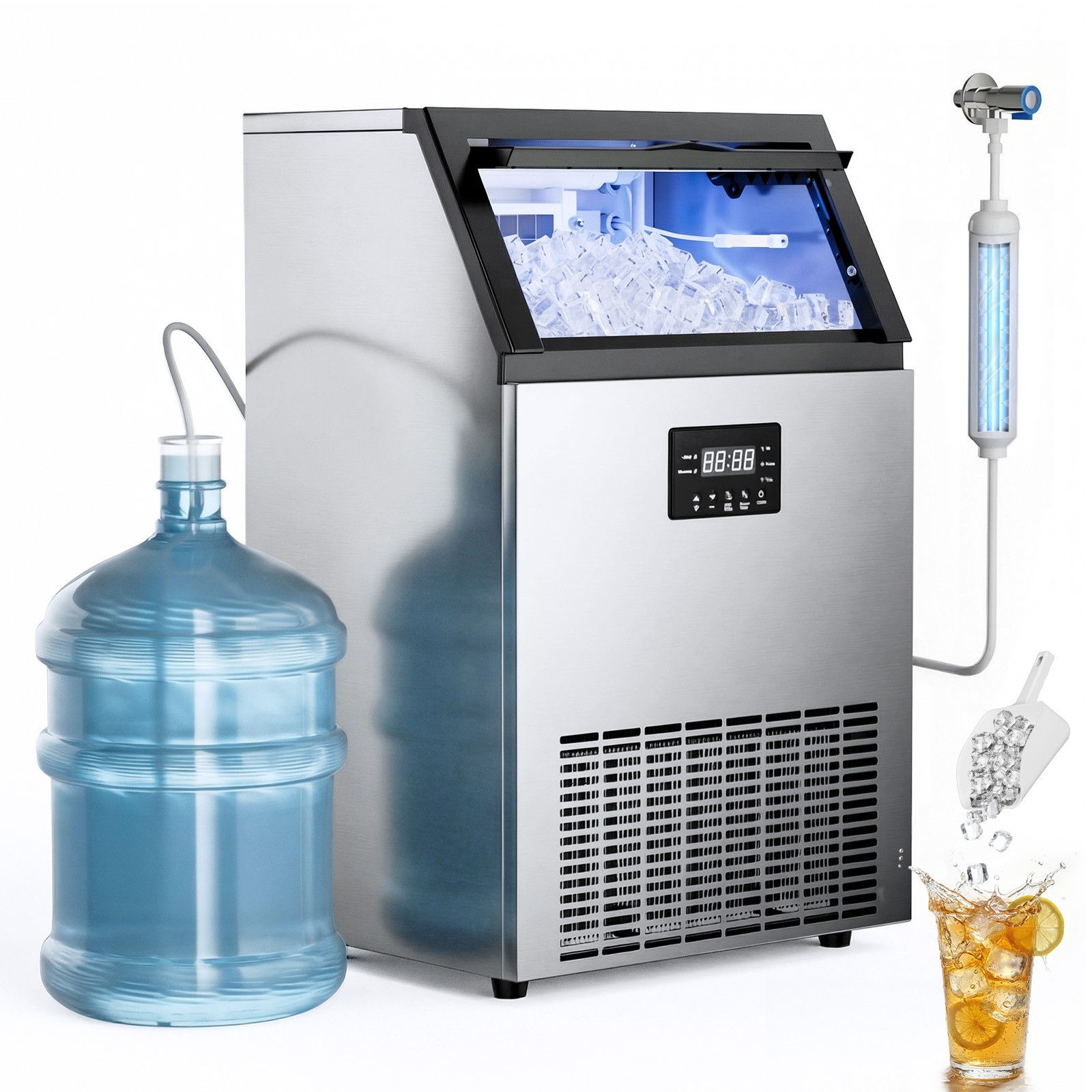 Commercial Ice Machine 100Lbs/24Hrs, 33Lbs Storage，Adjustable Cube Thickness