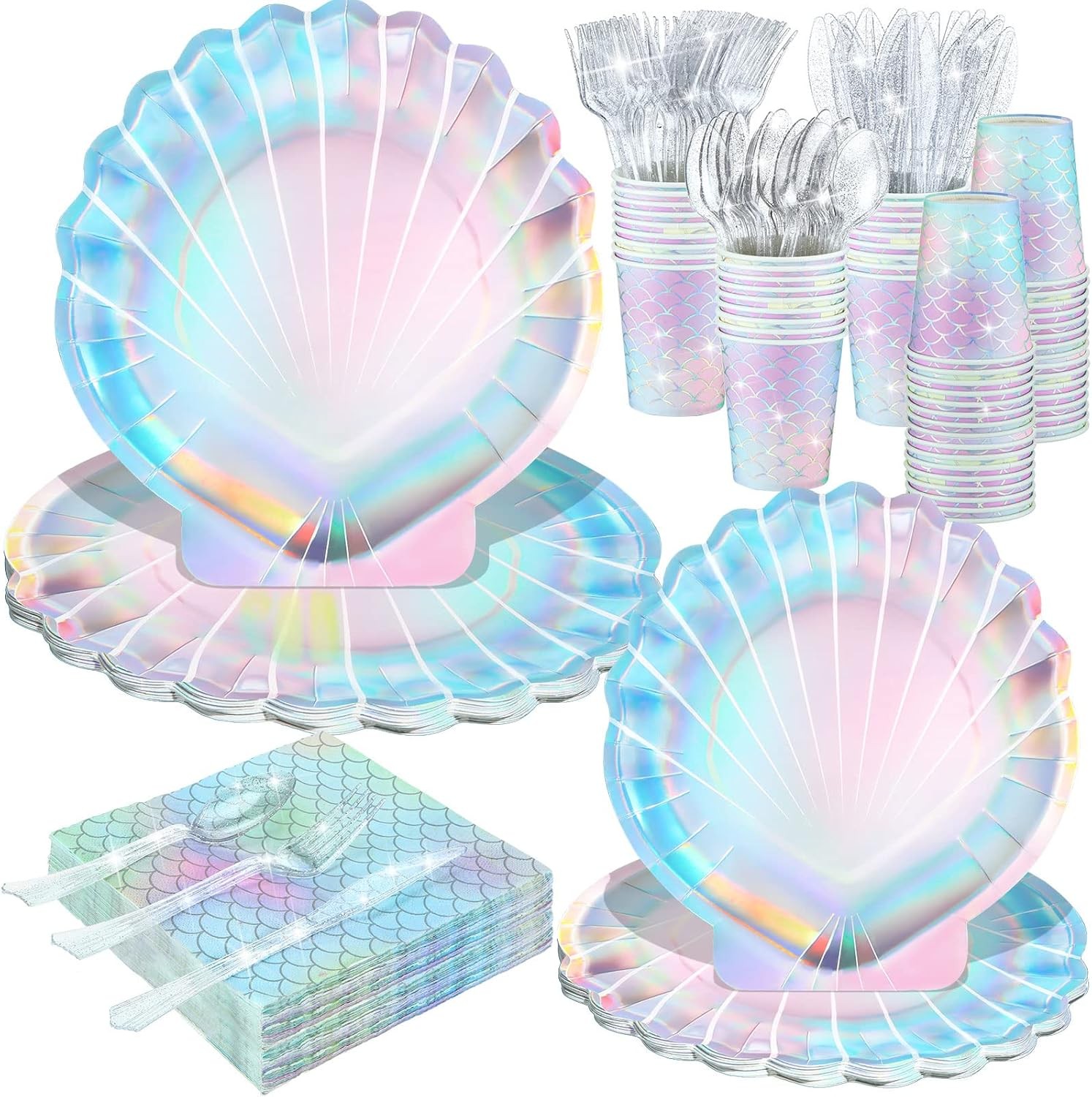 144 Pcs Mermaid Party Supplies Disposable Paper Tableware Holographic Shell