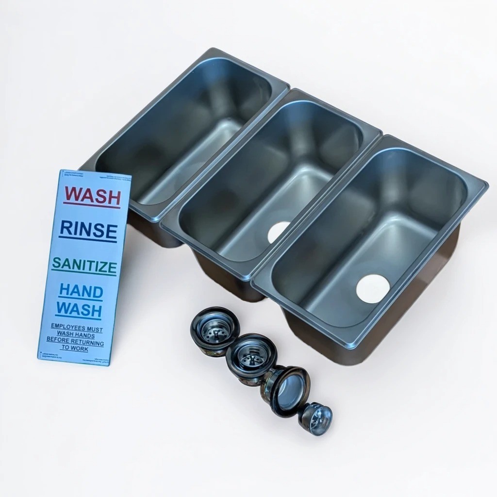 3-Compartment Drop-in Concession Sink Kit w Strainers & Stickers (Small)