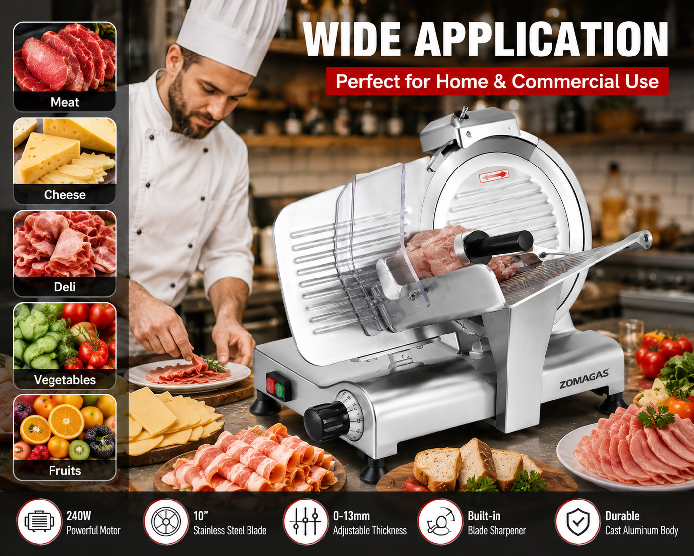 Zomagas B250B-4 10» Commercial Meat Slicer 240W Electric Deli Cheese Cutter New
