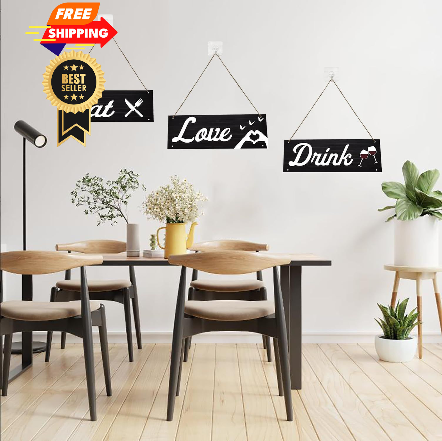 3 Pcs Farmhouse Kitchen Wall Decor Eat Sign, Love Black