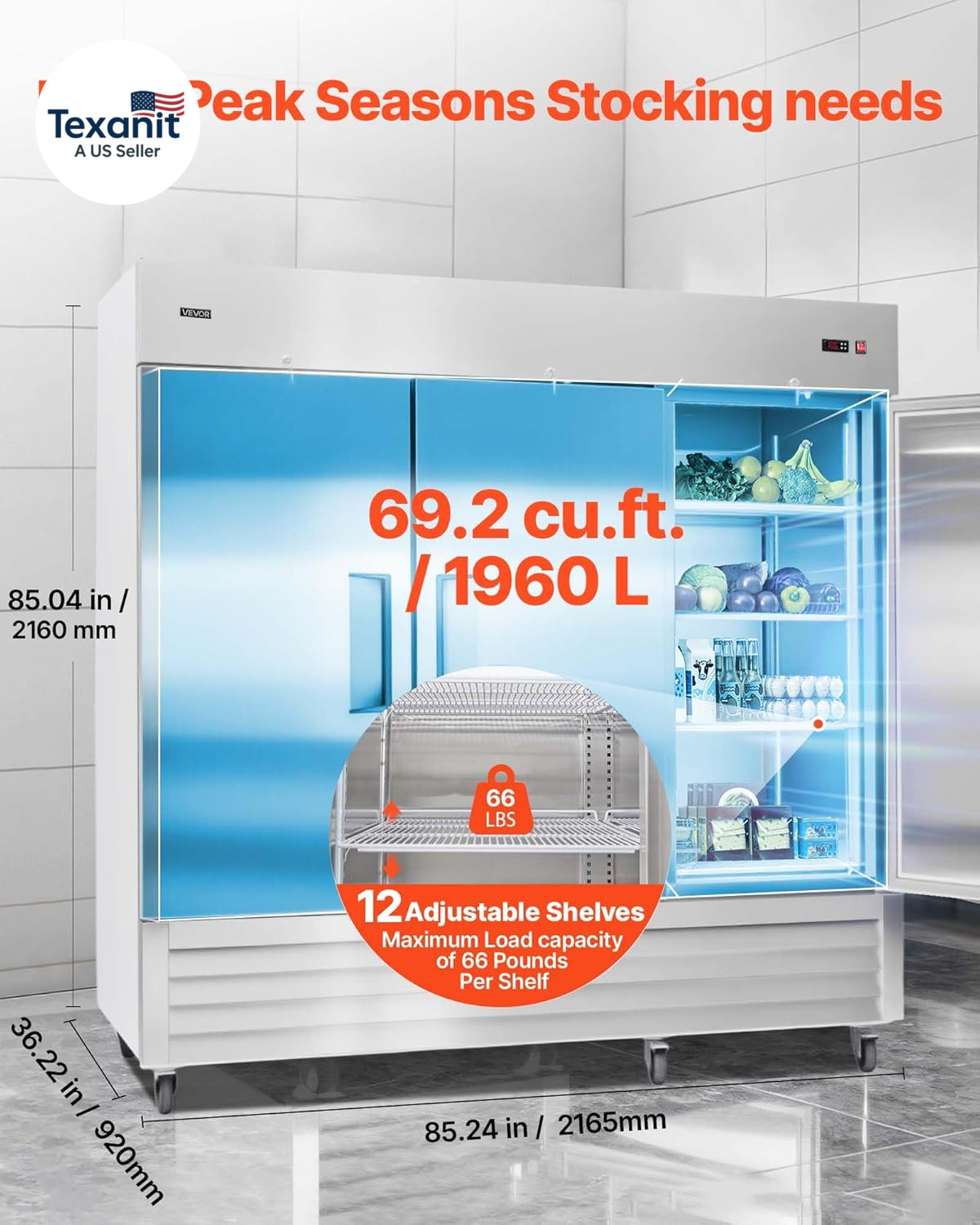 Commercial Reach-In Refrigerator 85″ W, 69 Cu.Ft Stainless Steel Upright Refrige