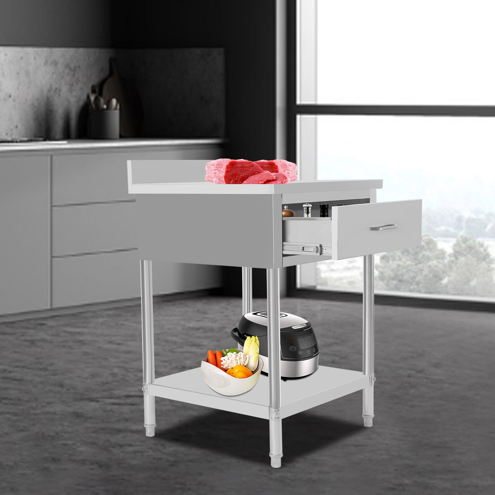 2 Layers Stainless Steel 24″x24″ Kitchen Work Table Food Prep Table With Drawer