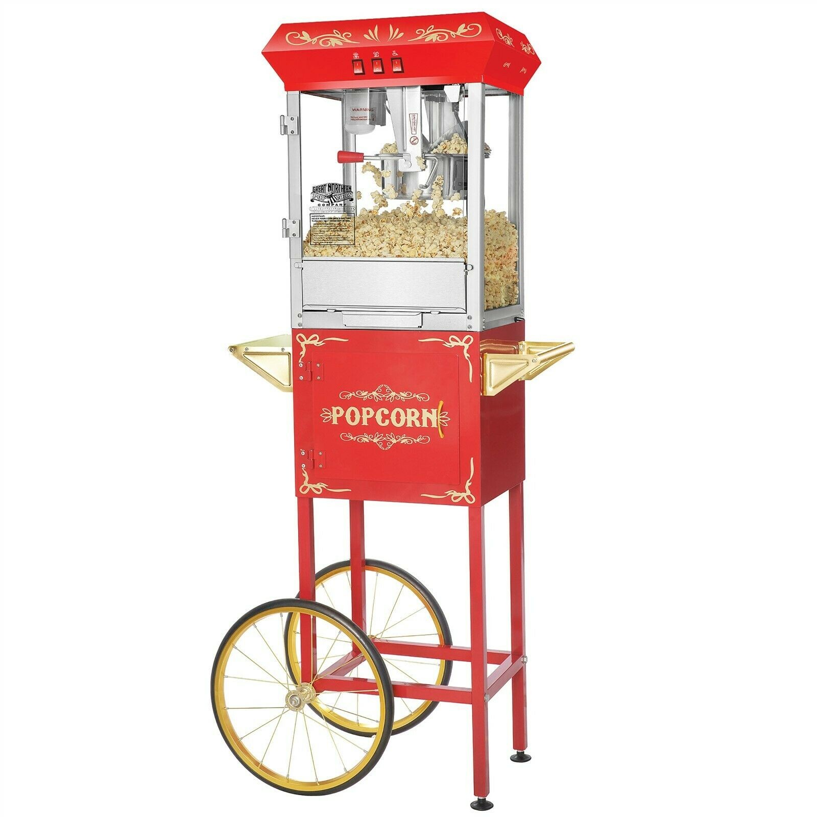 Red Full Foundation Popcorn Popper Machine Maker with Cart and 8 Ounce Kettle