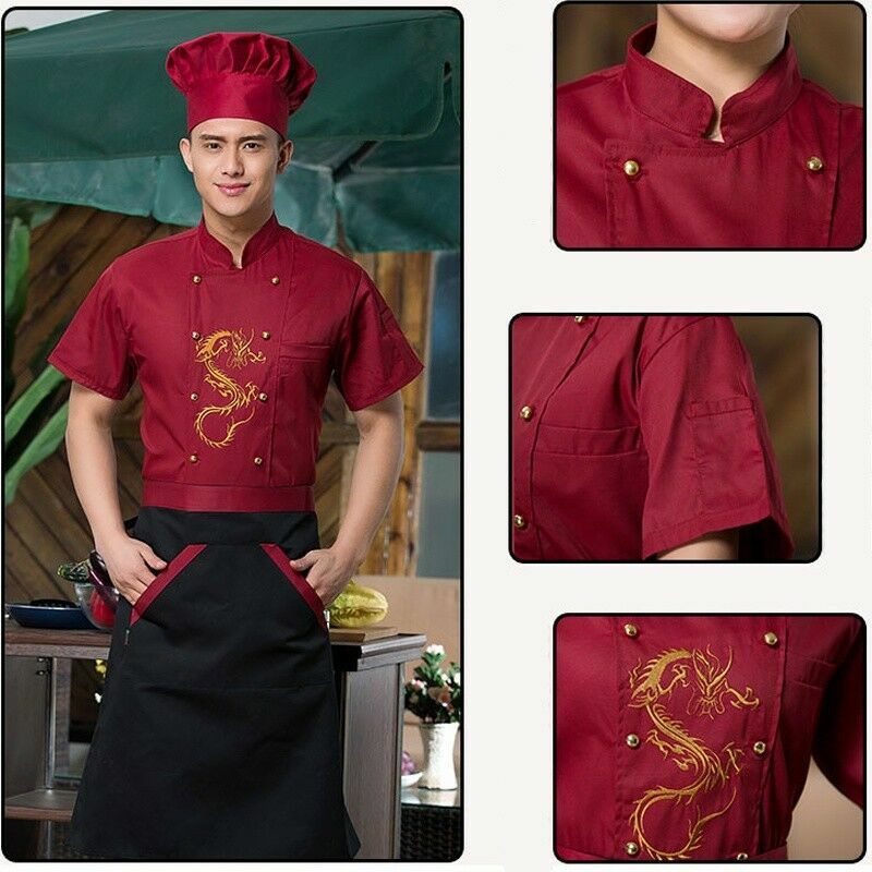 Men Women Chinese Dragon Printed Chef Apparel Uniform Jacket Coat Food Service