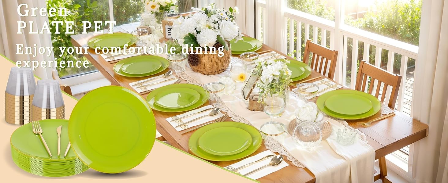 MirthMood 210pcs Green Plastic Plates,Disposable Green Gold Party Plates,Include