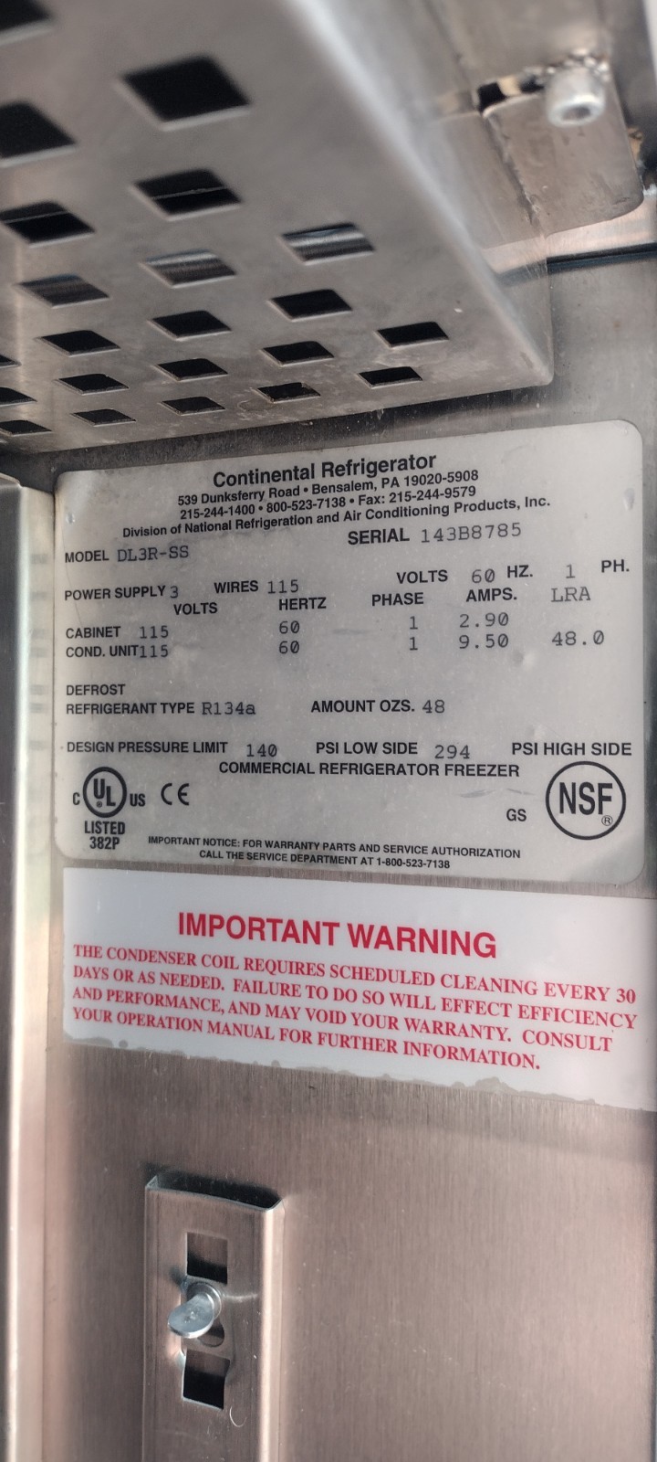 Continental DL3R-SS 3 Door Commercial Refrigerator SS 72 Cu Ft Runs Cool W Rack