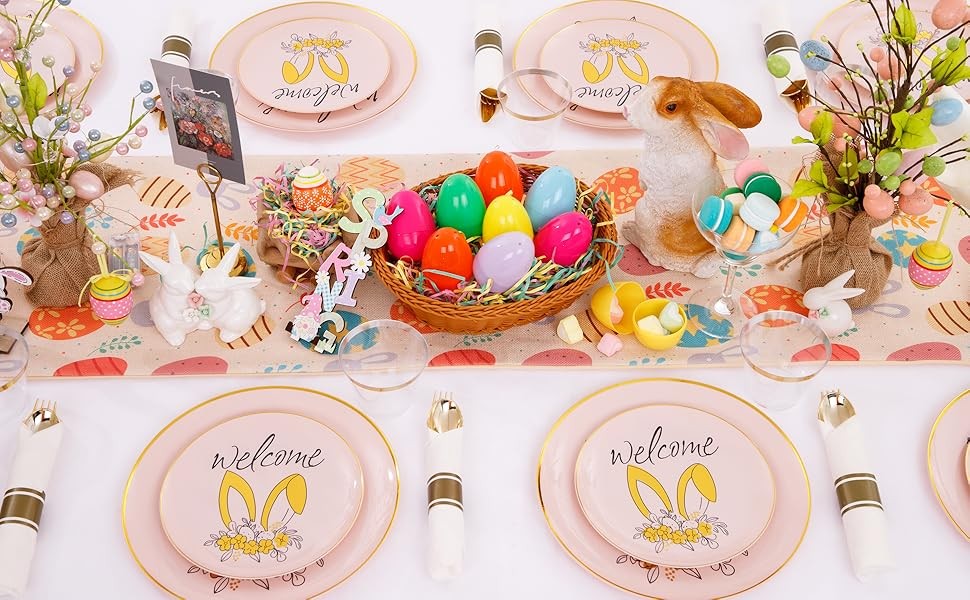 210Pcs Easter Plastic Plates,Pink Gold Party Plates with Bunny Egg Design