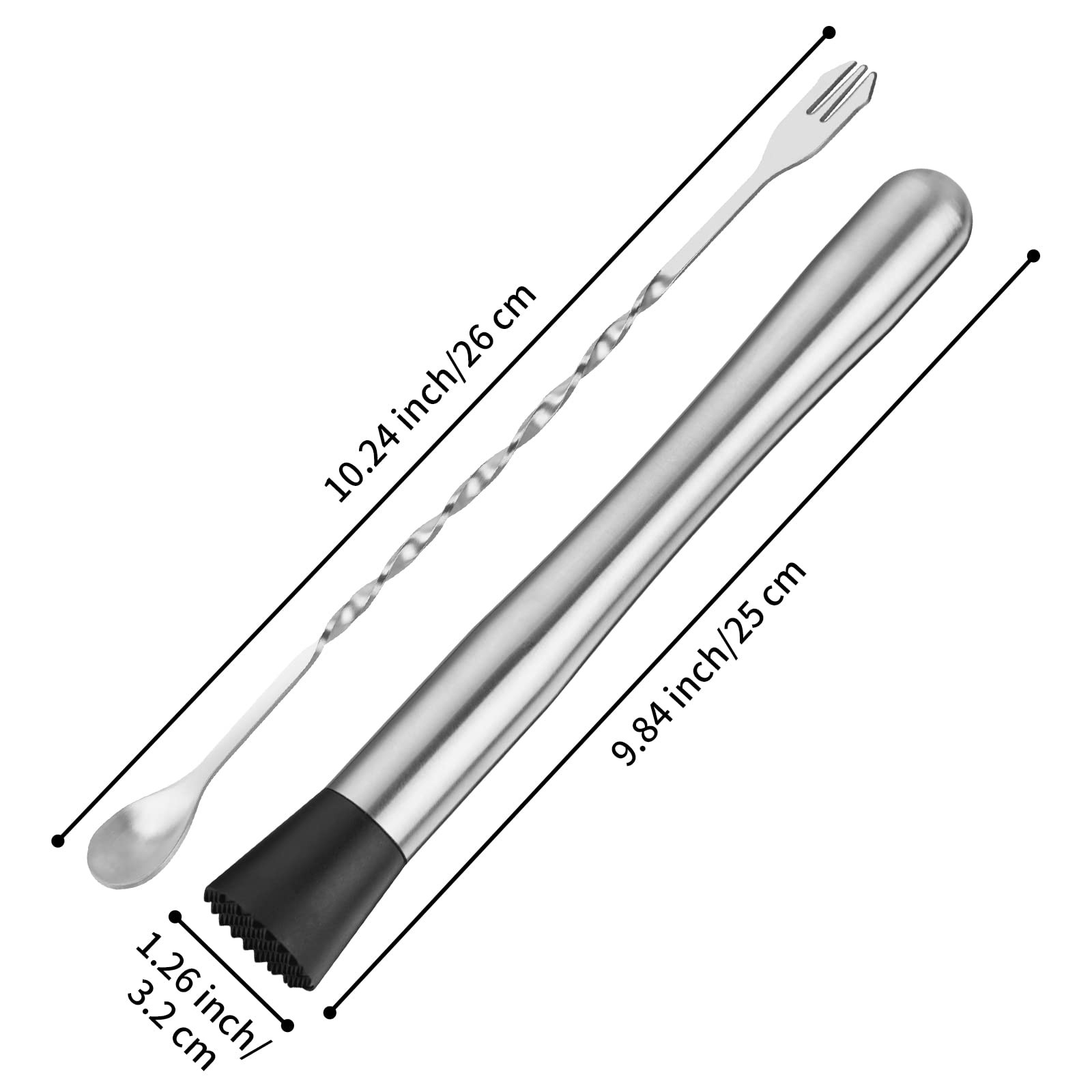 tifanso Muddler for Cocktails, 10″ and Long Handle Bar Silver