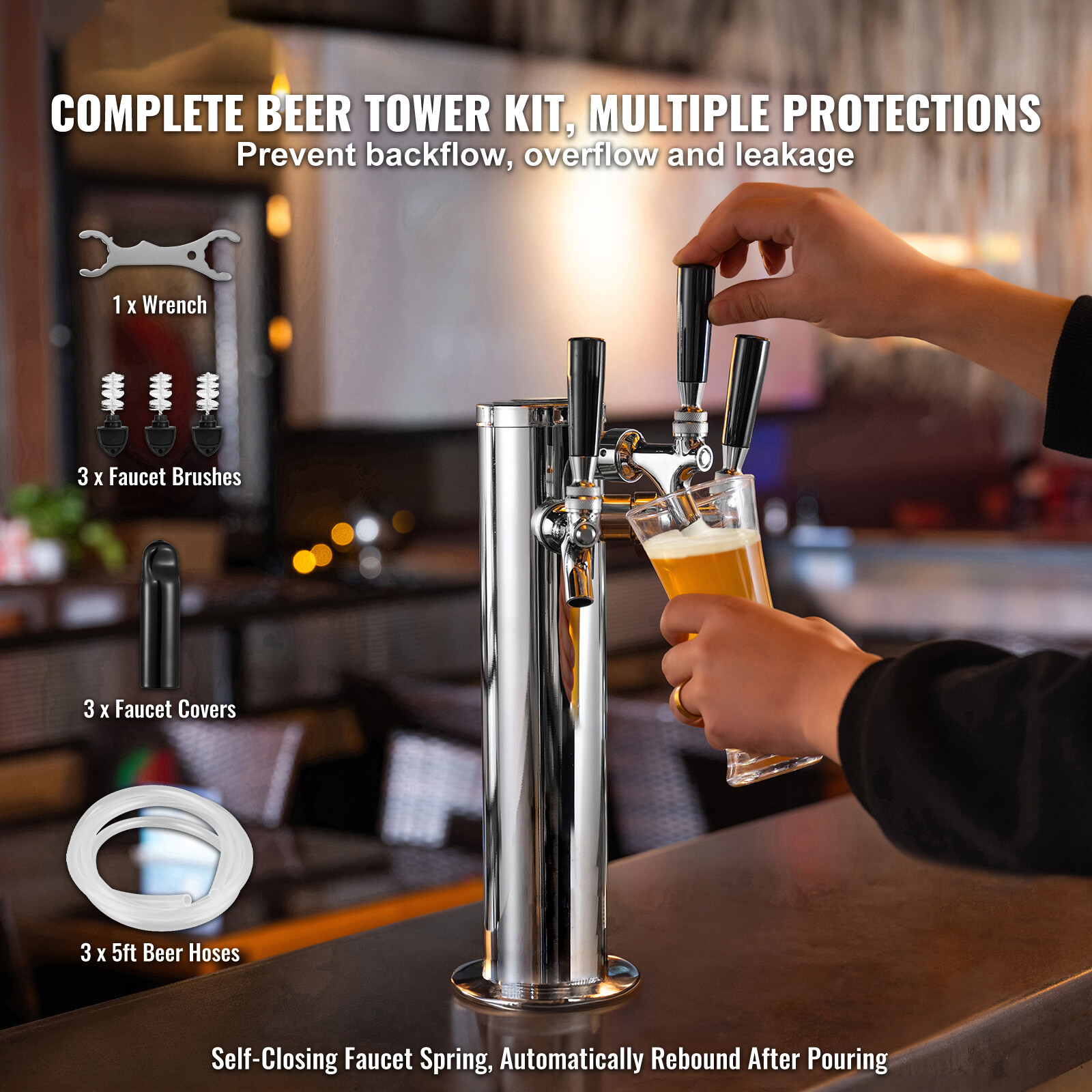 VEVOR Triple Taps Draft Beer Tower Dispenser Stainless Steel Keg Beer Tower