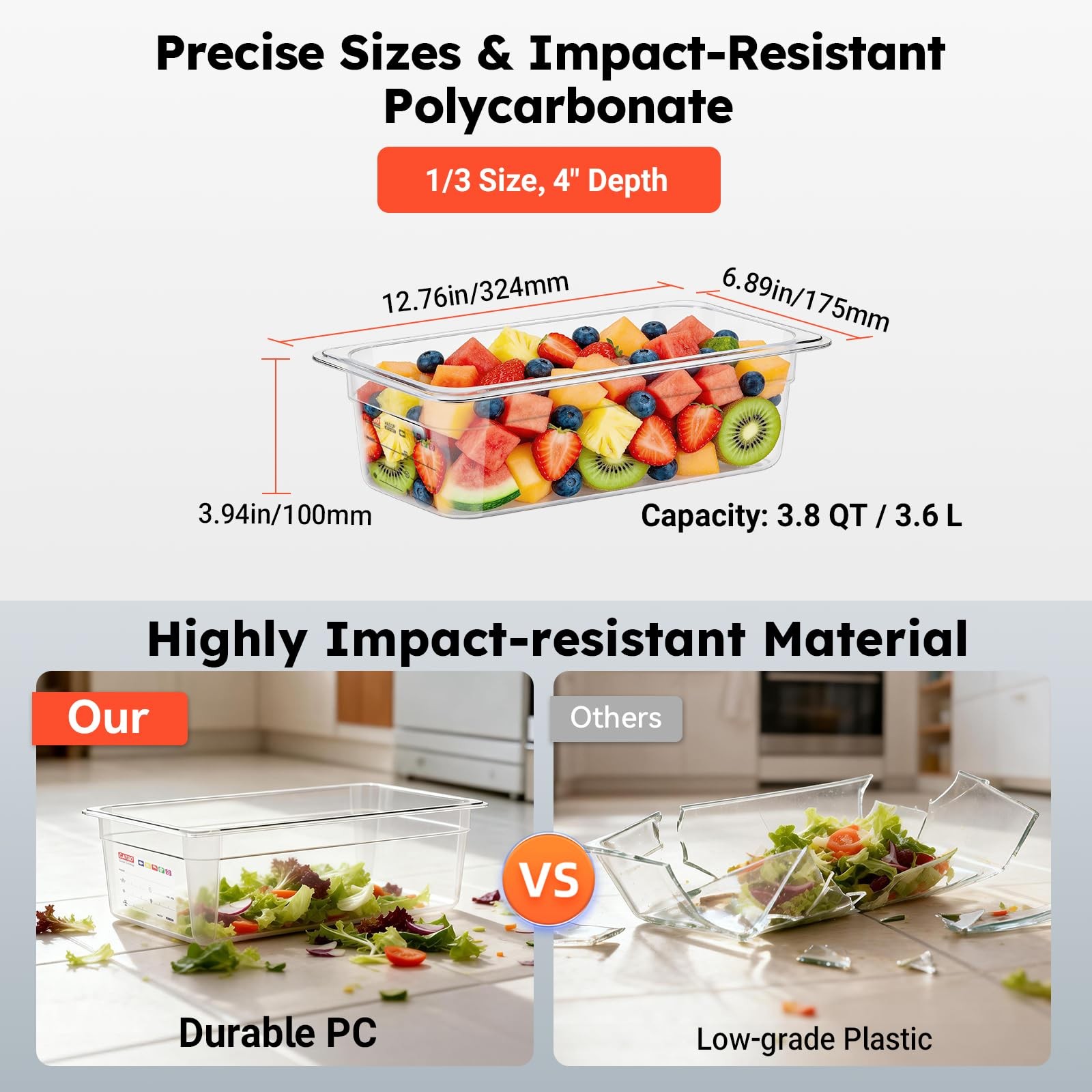 Gatbo 6-Pack 1/3 Size 4 Deep Polycarbonate Food Pans Nsf Commercial Clear Food