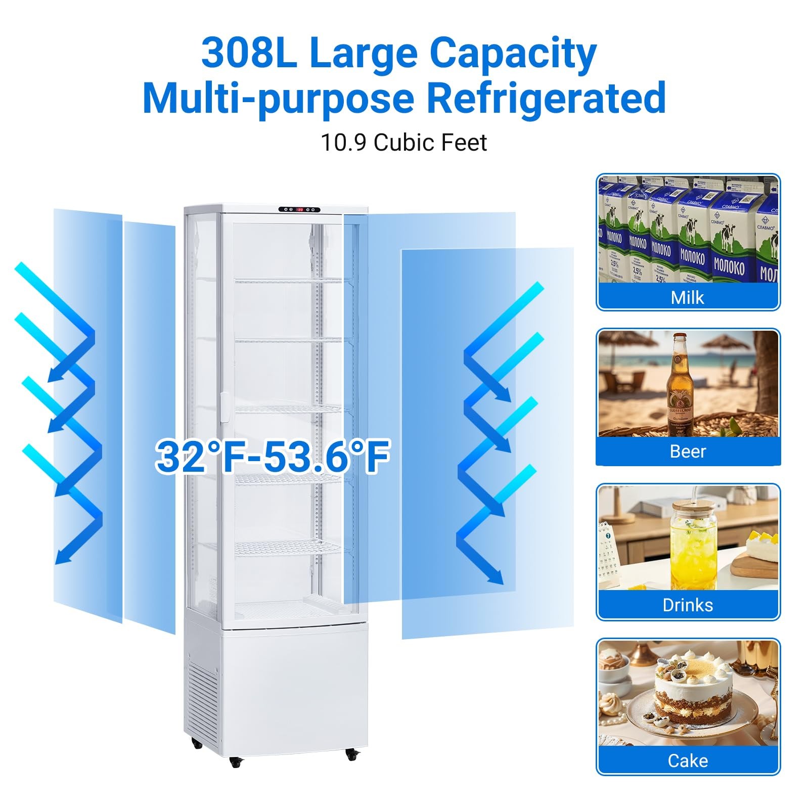 Glass Door Commercial Refrigerator, 10.9Cu Ft Beverage Cooler, Upright, 5 Shelve