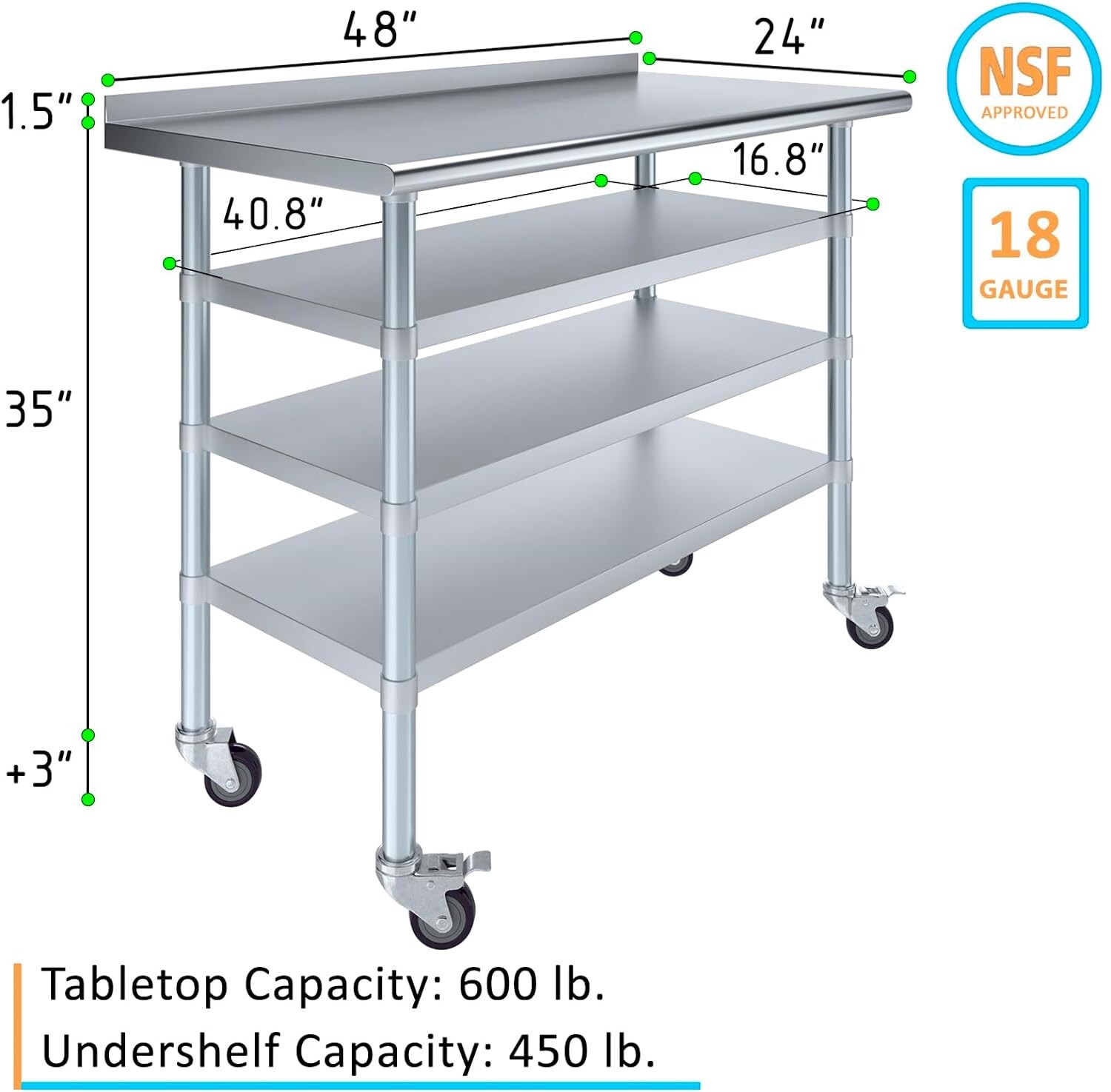 Stainless Steel Metal Work Table with 1.5″ Backsplash and 3 Shelves with Wheels