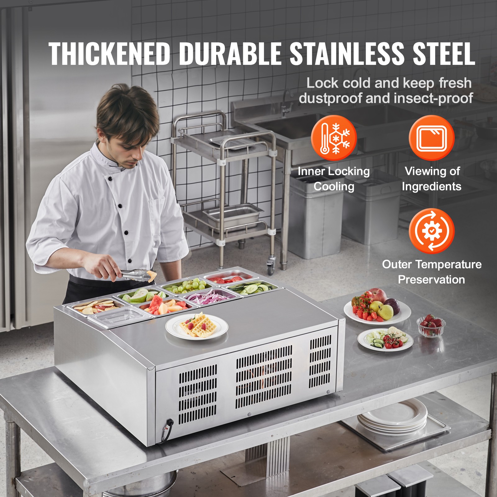 VEVOR Countertop Refrigerated Salad Pizza Prep Station 140 W Stainless Guard ETL