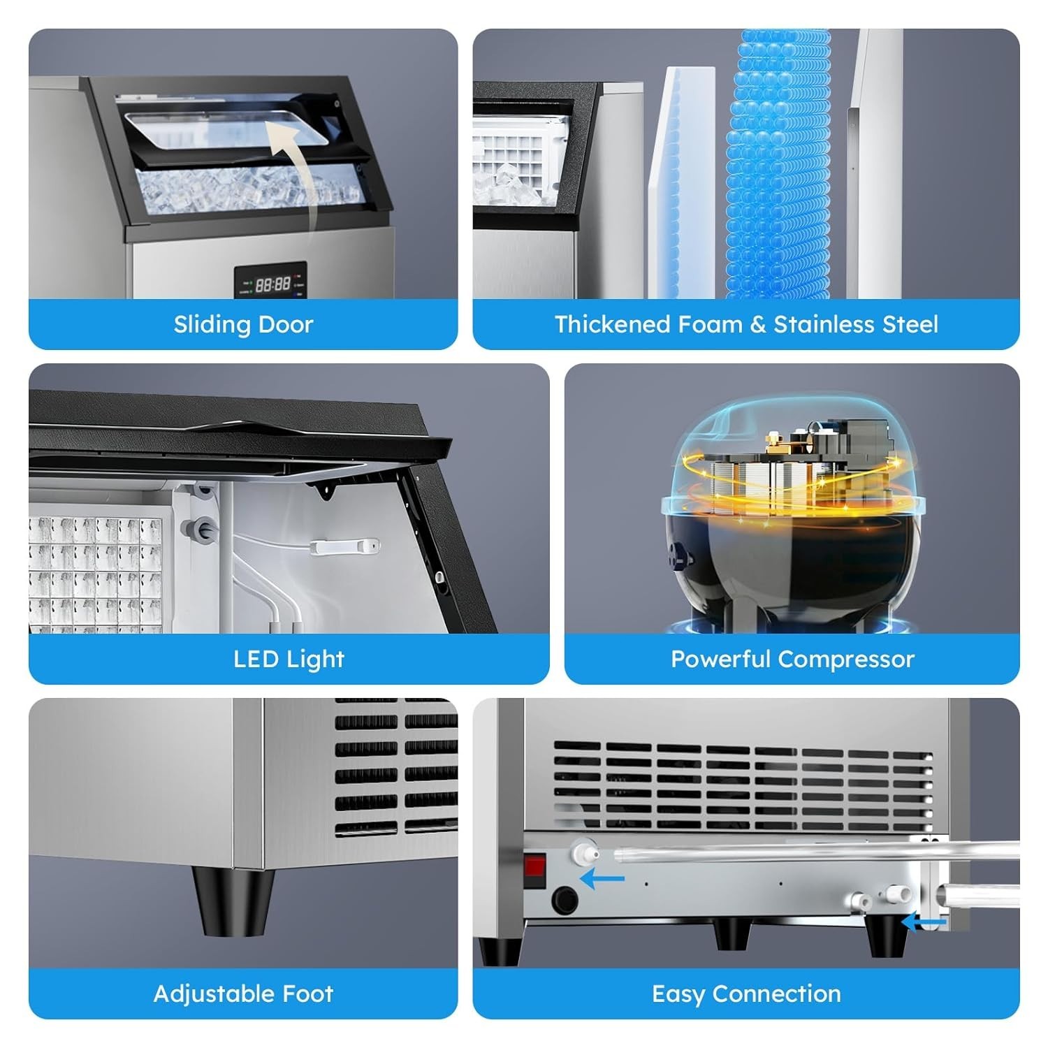 Commercial Ice Maker Machine 200 Lbs/24H, Commercial Ice Machine, 50 LBS Storage