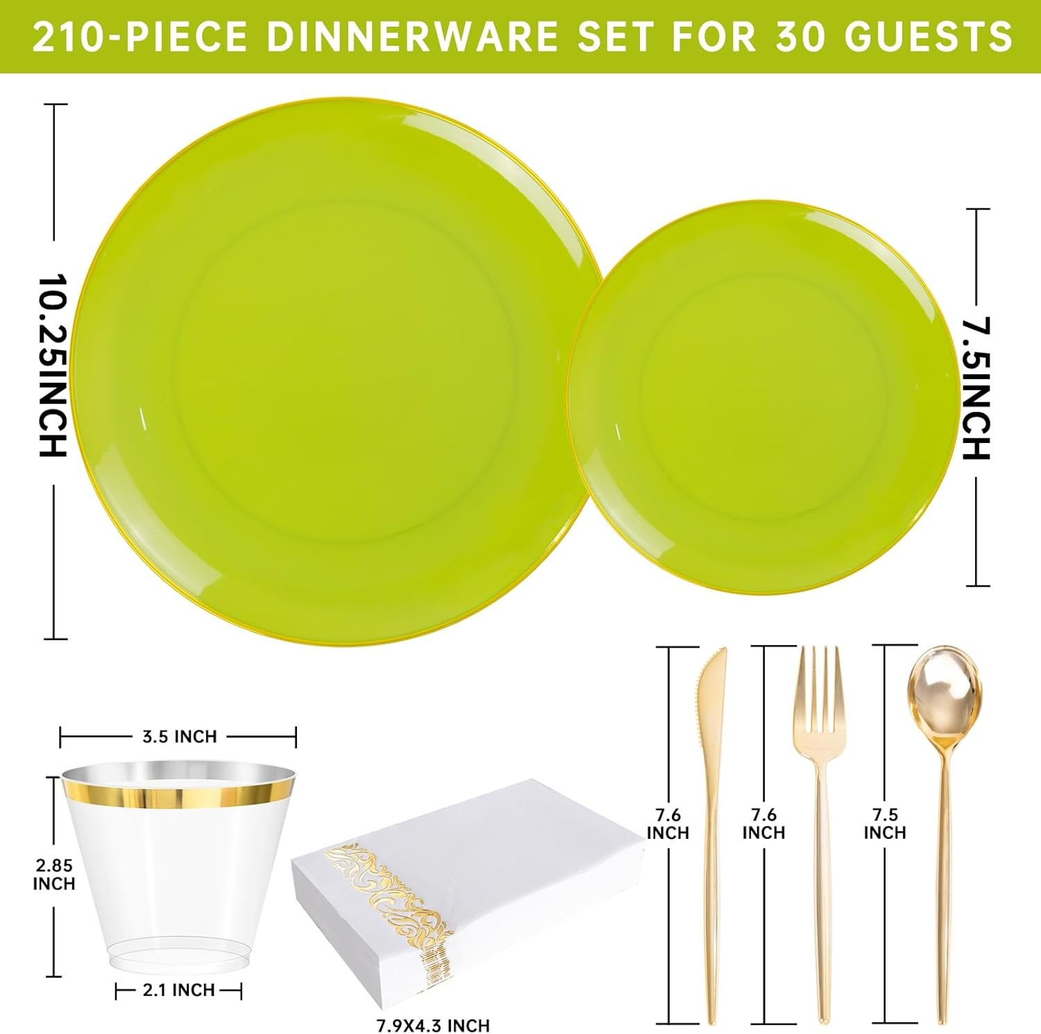 MirthMood 210pcs Green Plastic Plates,Disposable Green Gold Party Plates,Include