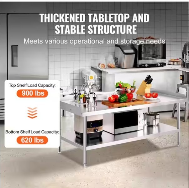 Stainless Steel Work Table, 30 x 60 x 26 in. 3-Sided Backsplash Prep Table