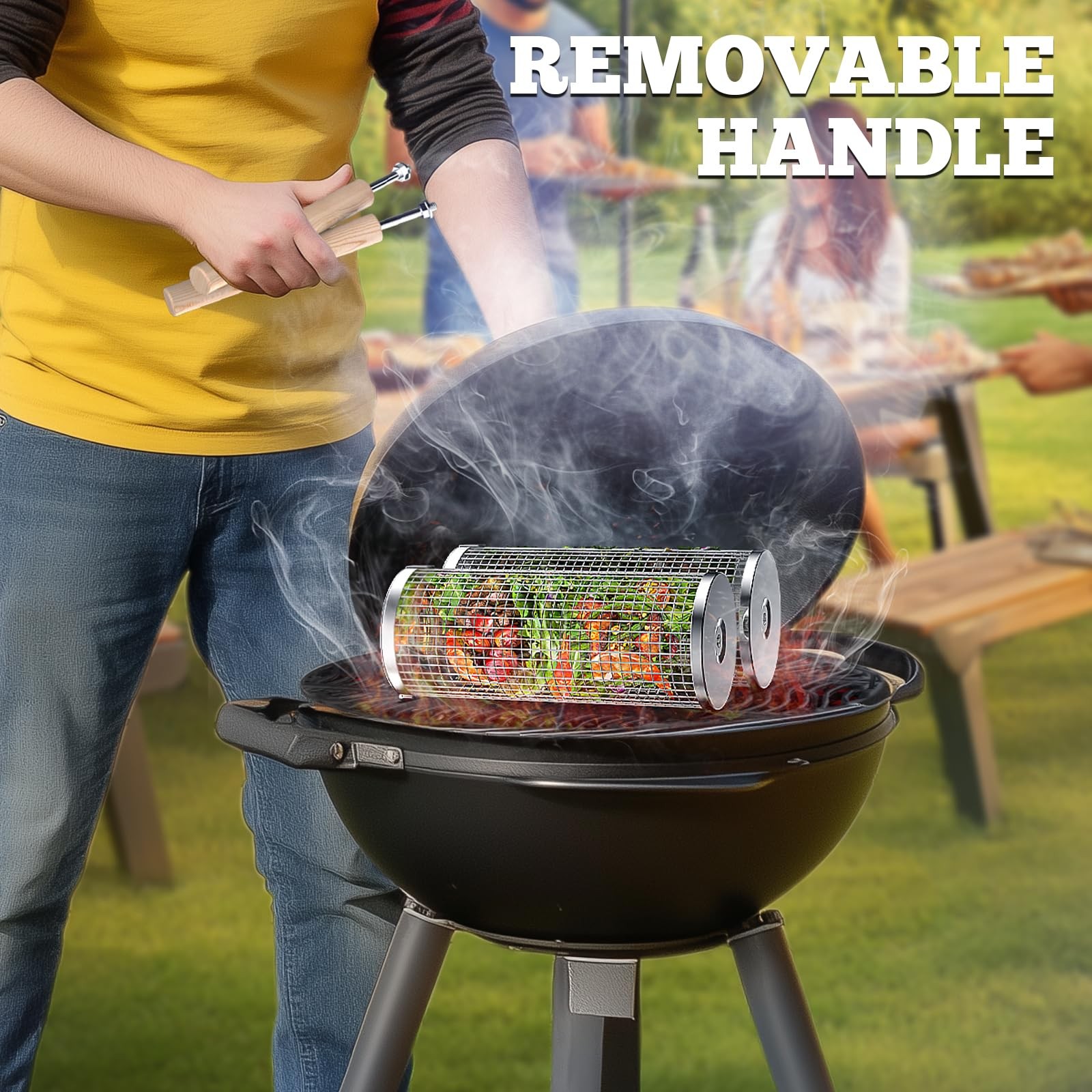 Ivtivfu Rolling Grill Basket Removable Wooden Handle 304 Stainless Steel