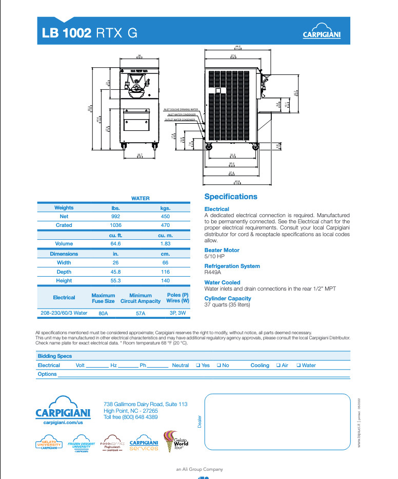 Carpigiani LB 1002 RTX G Gelato Batch Freezer – Water Cooled – 3 Phase