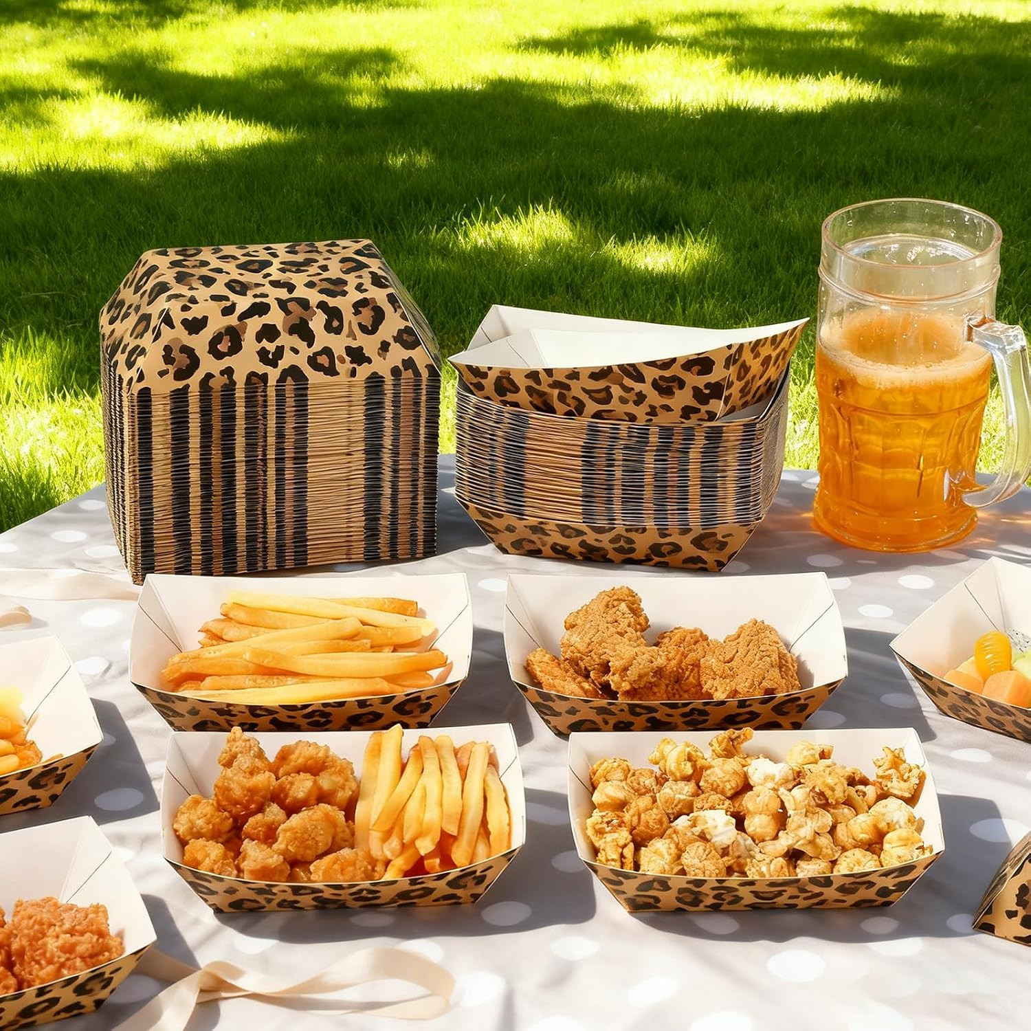 100 Pcs 2Lb Leopard Print Paper Food Trays Boats Jungle Animal Disposable Paper