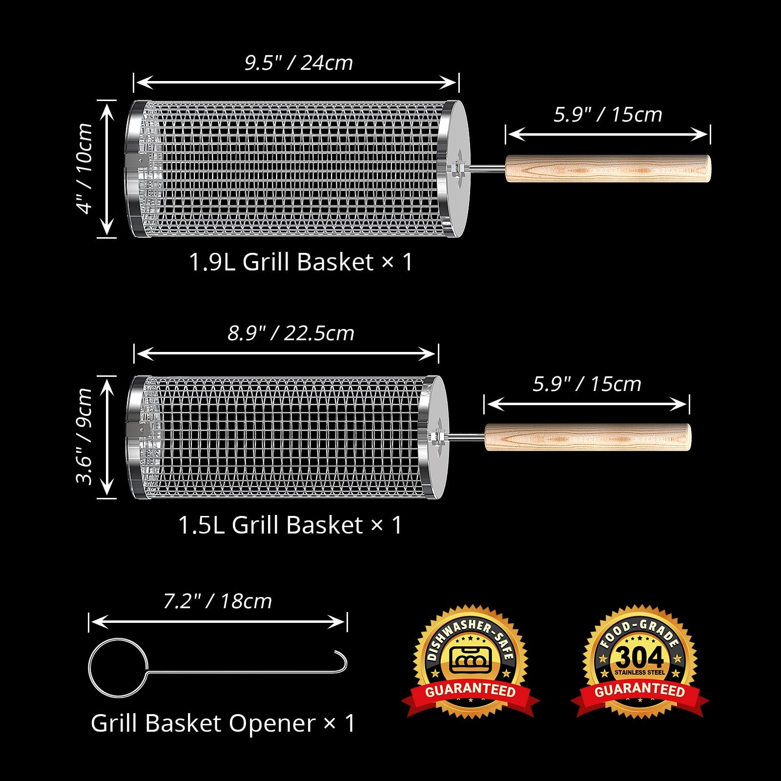 Ivtivfu Rolling Grill Basket Removable Wooden Handle 304 Stainless Steel