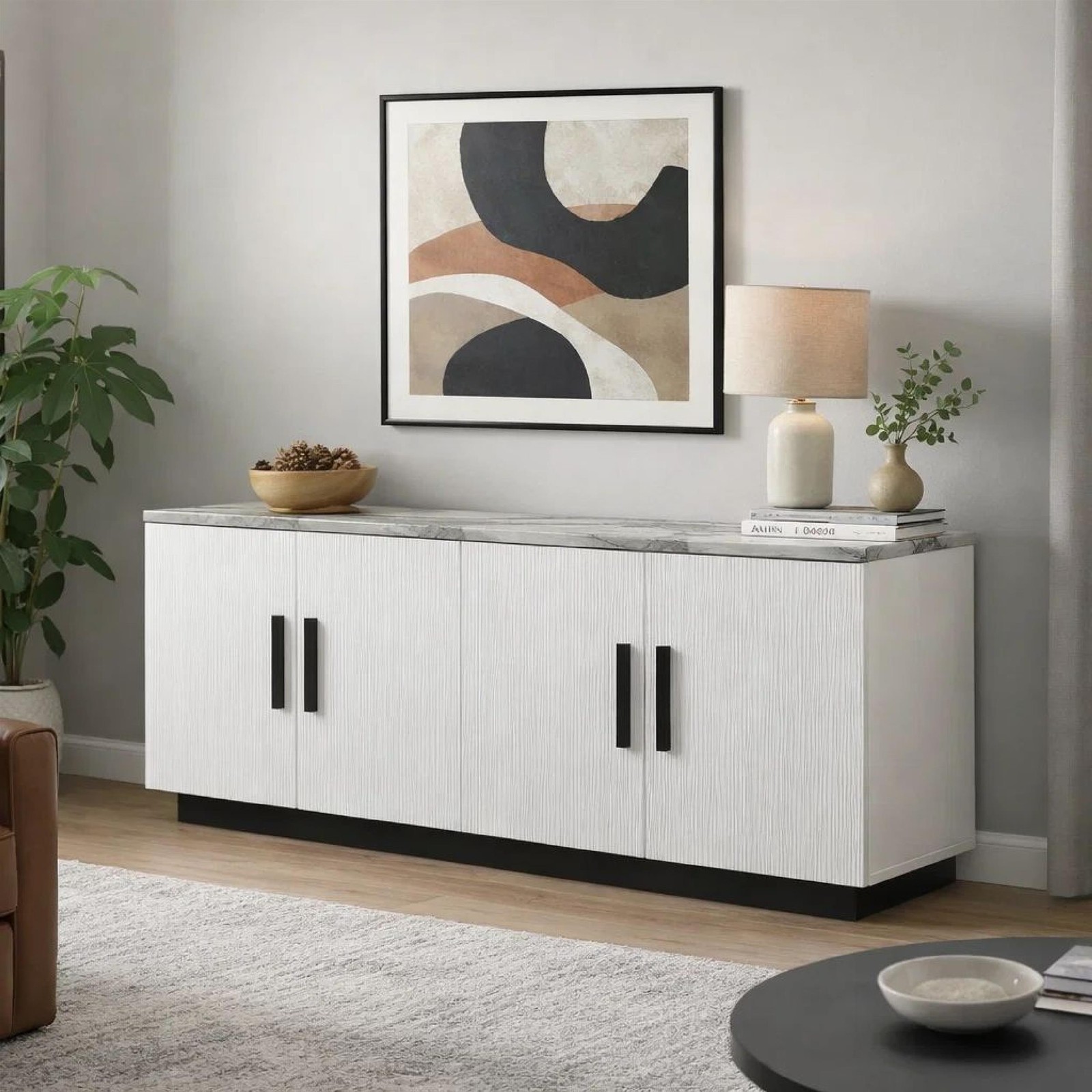 Sda Sideboard Buffet Console- 4 Doors with Adjustable Shelf- White 63 Inch