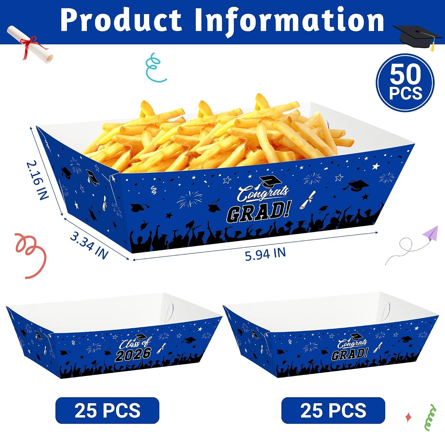 50 Pcs Graduation Decorations 2026, 2 Styles Graduation Food Trays Blue Serving
