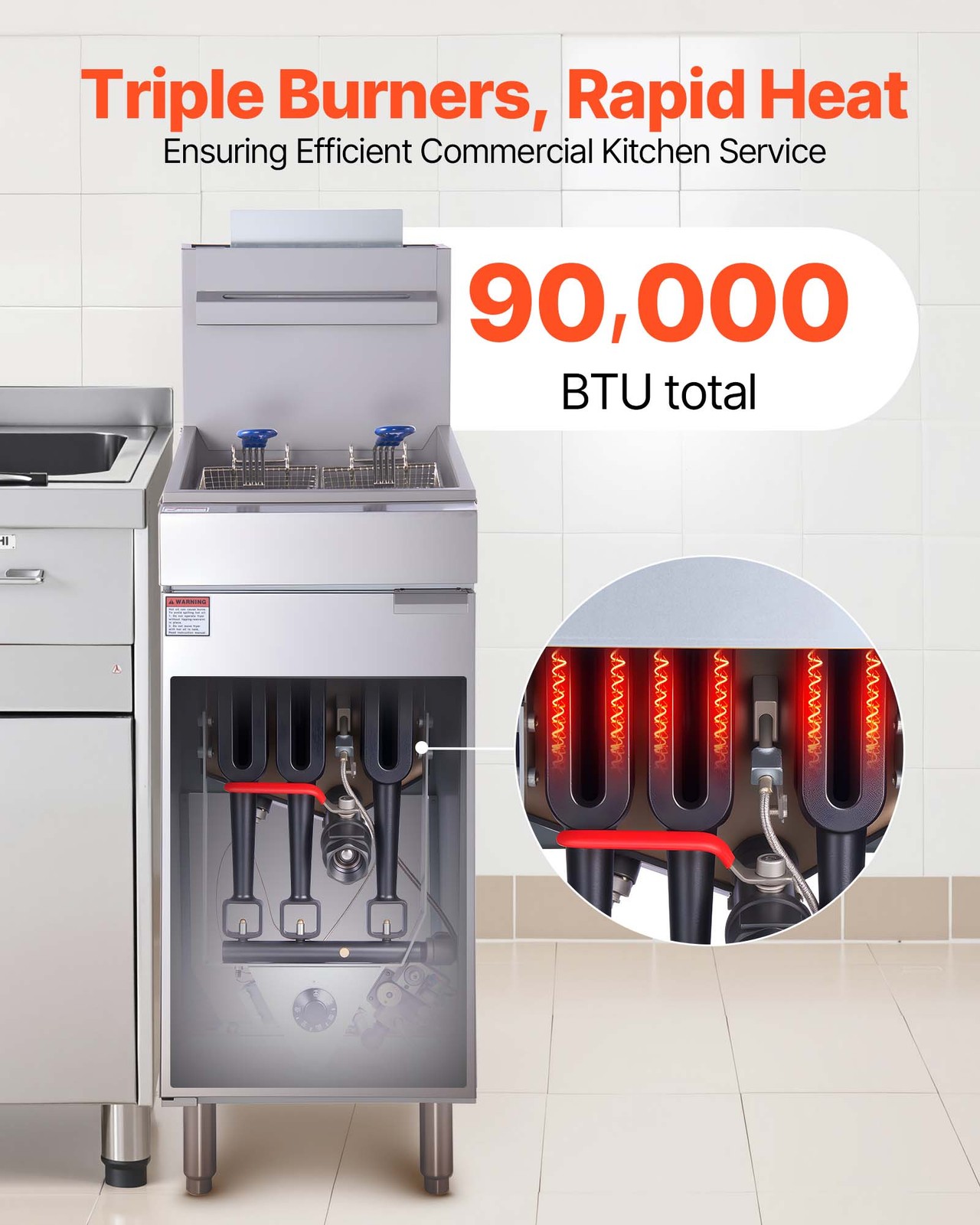 VEVOR Commercial Deep Fryer Free Standing Propane 3-Burner Dual Basket 90,000BTU
