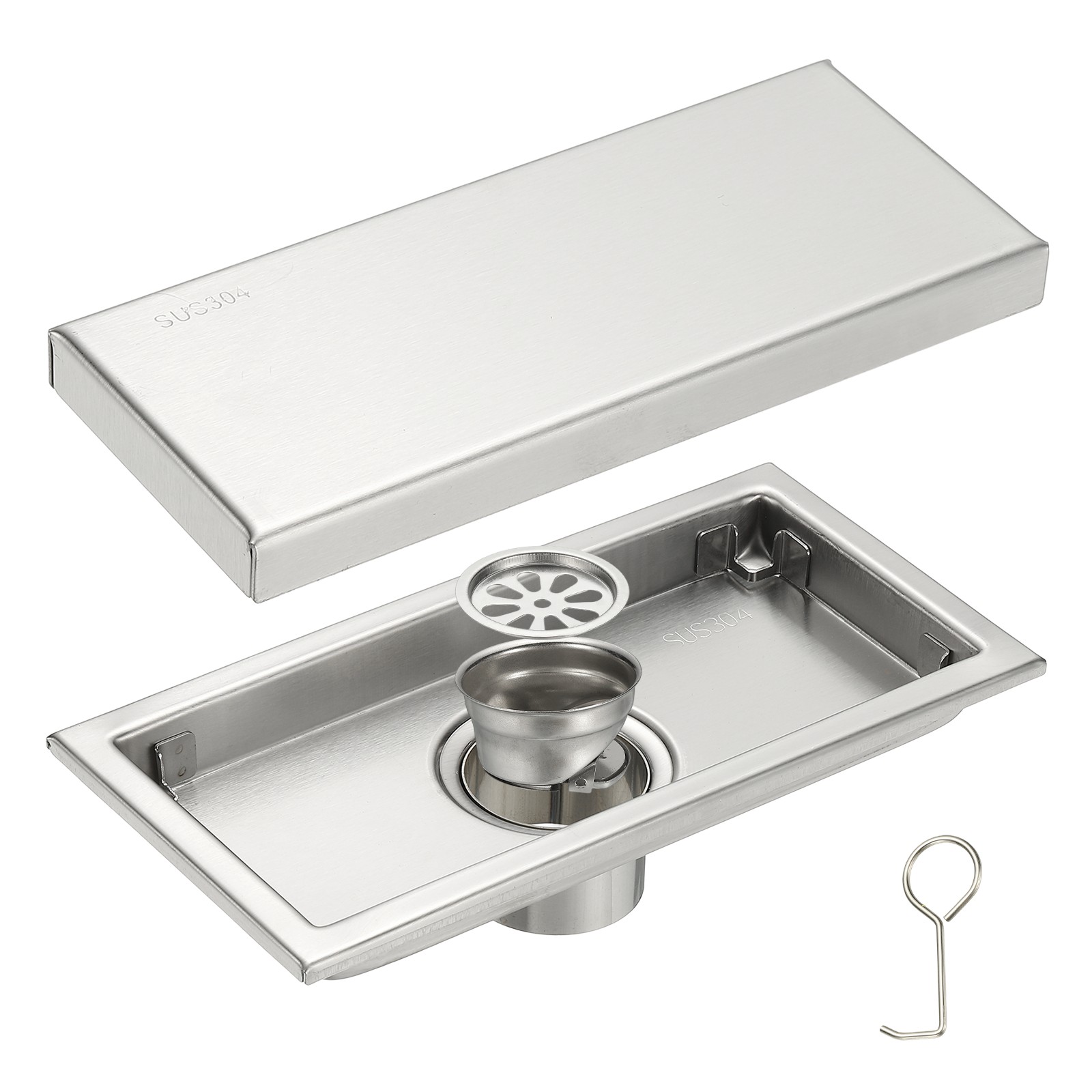 Rectangular Shower Drain Odor-proof Floor Drain(8 Inch Brushed Silver)