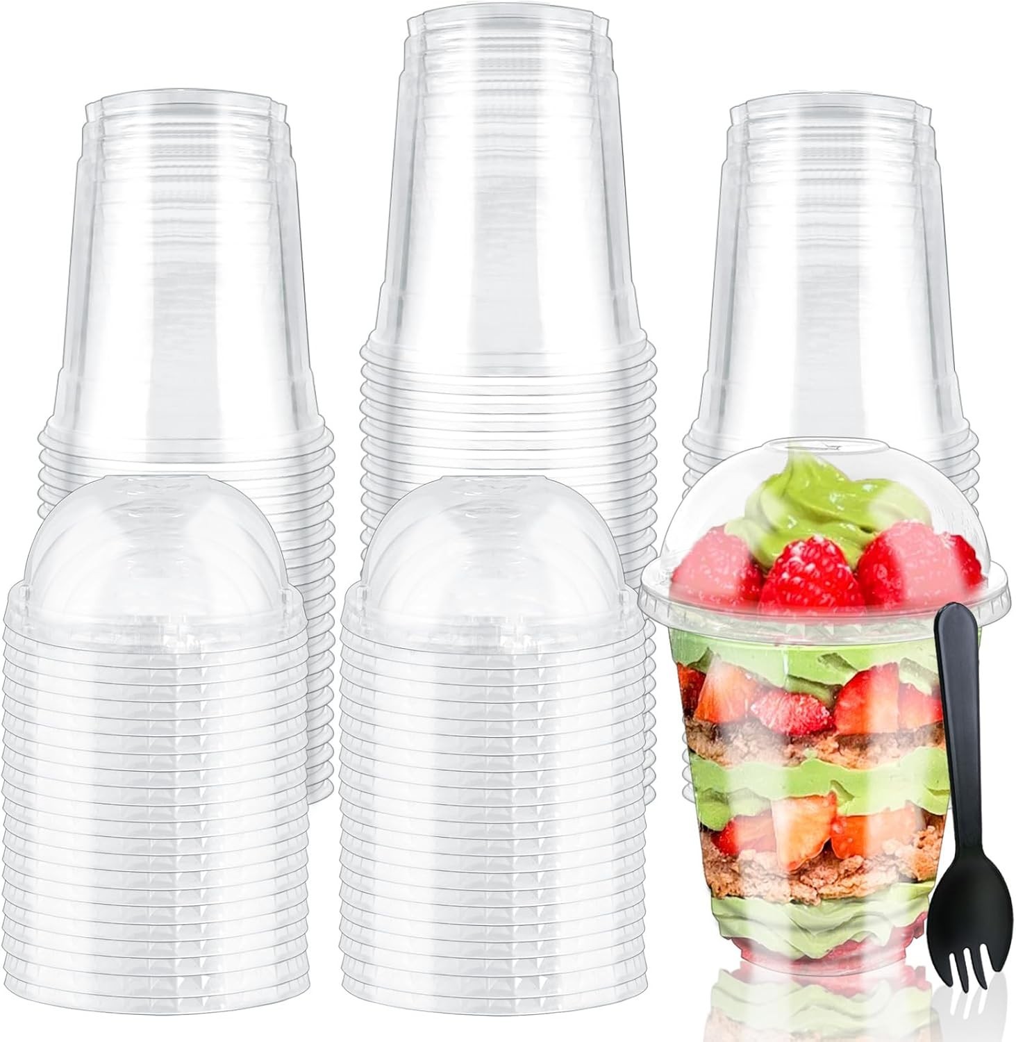 50/100 vasos de plástico para postre 9 OR 12oz con tapas de cúpula y cucharas,ta