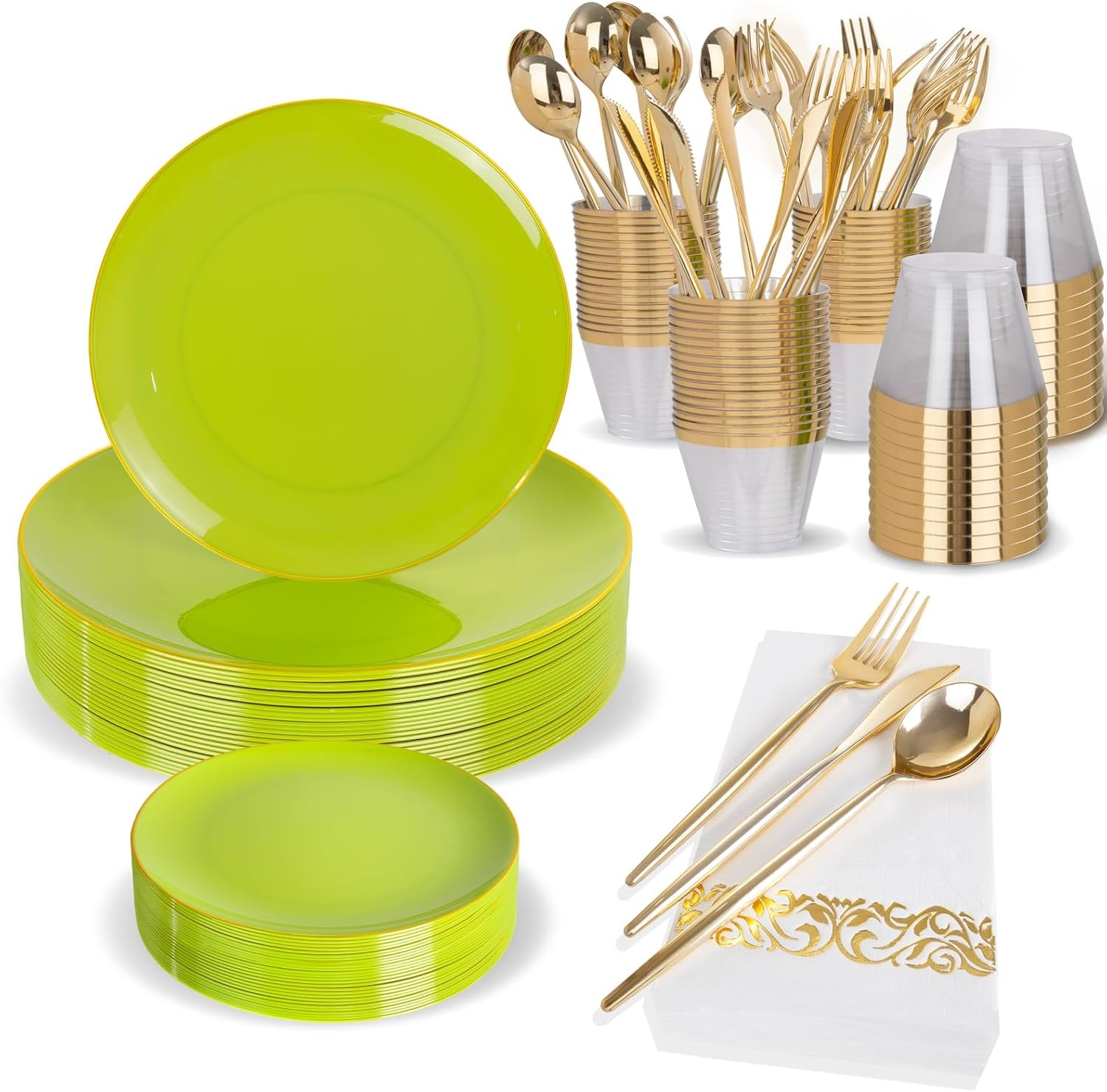 MirthMood 210pcs Green Plastic Plates,Disposable Green Gold Party Plates,Include
