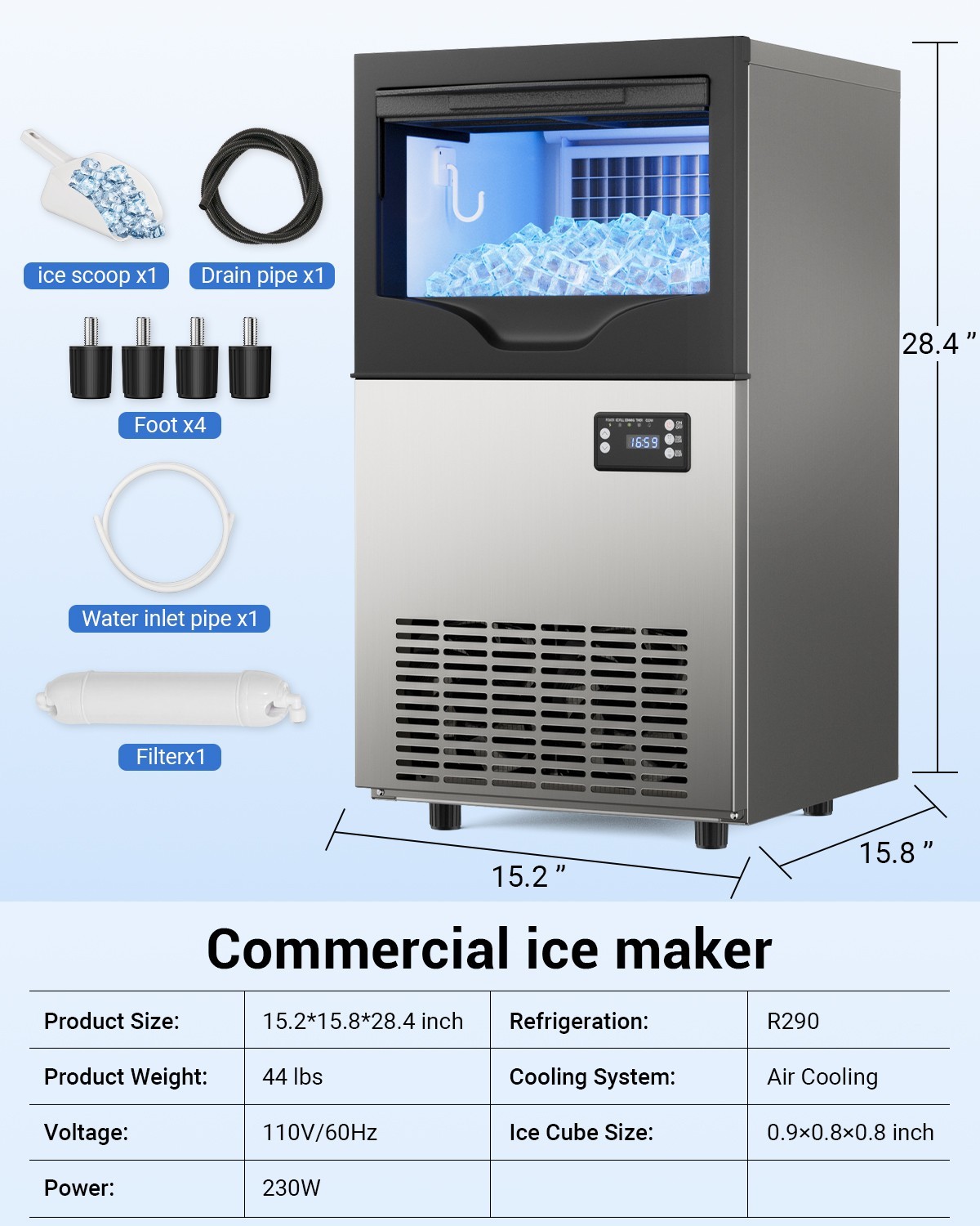 100LBs Commercial Ice Maker Built-in Cube Machine Restaurant Stainless Steel