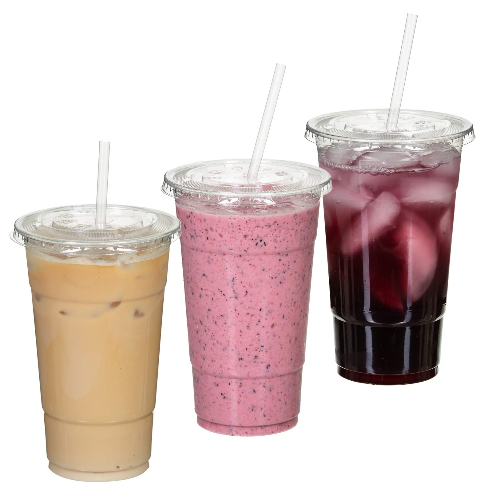 100 Sets (24oz) Disposable Crystal Clear Plastic Cups with Flat Lids and Straws