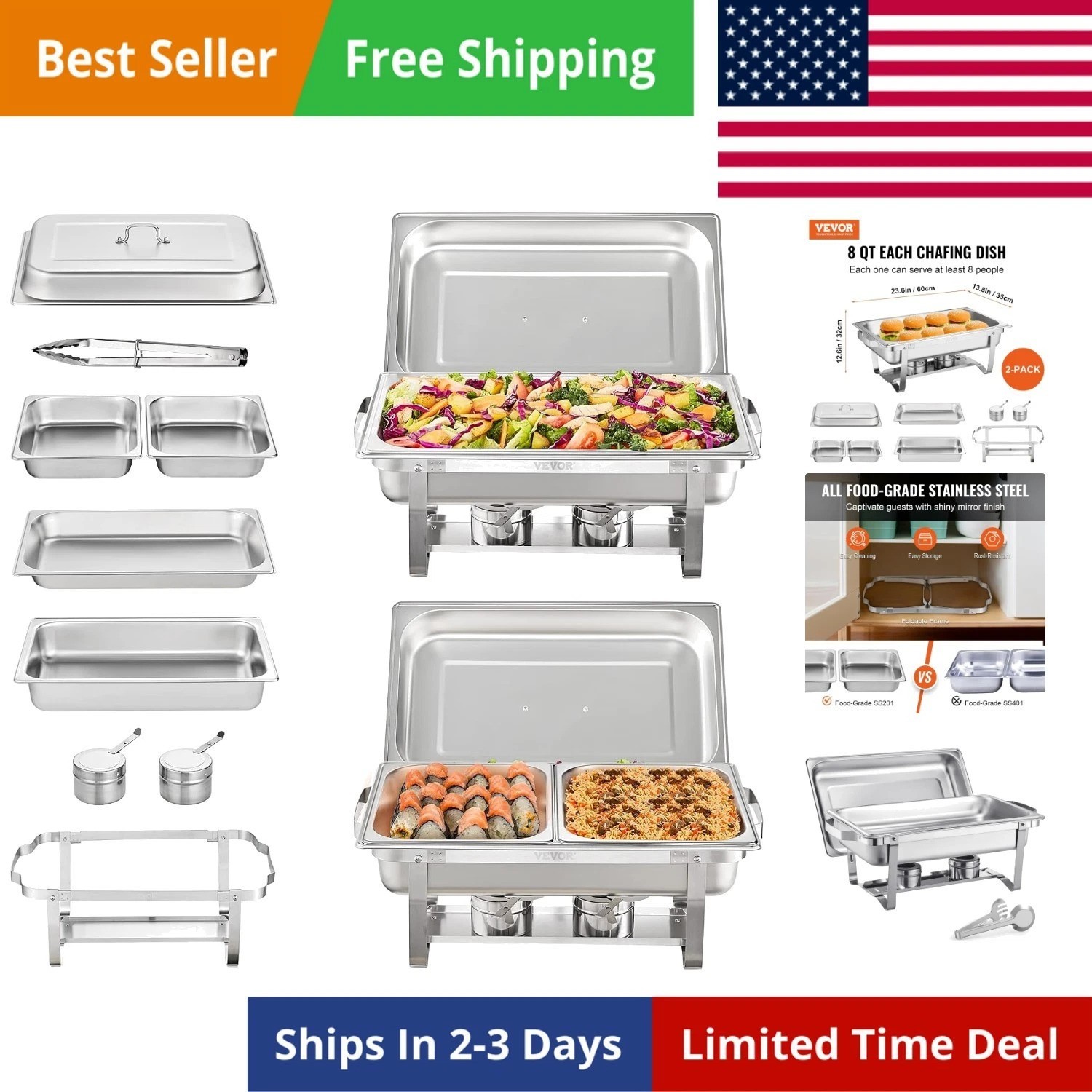 Chafing Dish Buffet Set, 8 Qt 2 Pack, Stainless Steel Chafer with 2 Full Size…