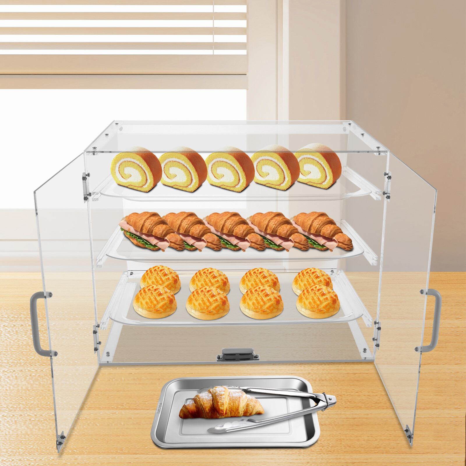 Acrylic Bakery Display Case 3-Tier Countertop Donut Pastry Case Rear Door NEW