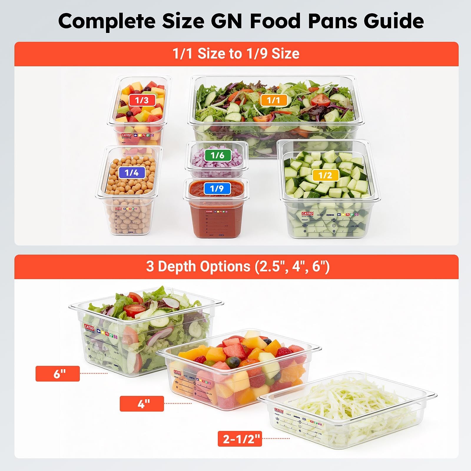 Gatbo 6-Pack 1/3 Size 4 Deep Polycarbonate Food Pans Nsf Commercial Clear Food