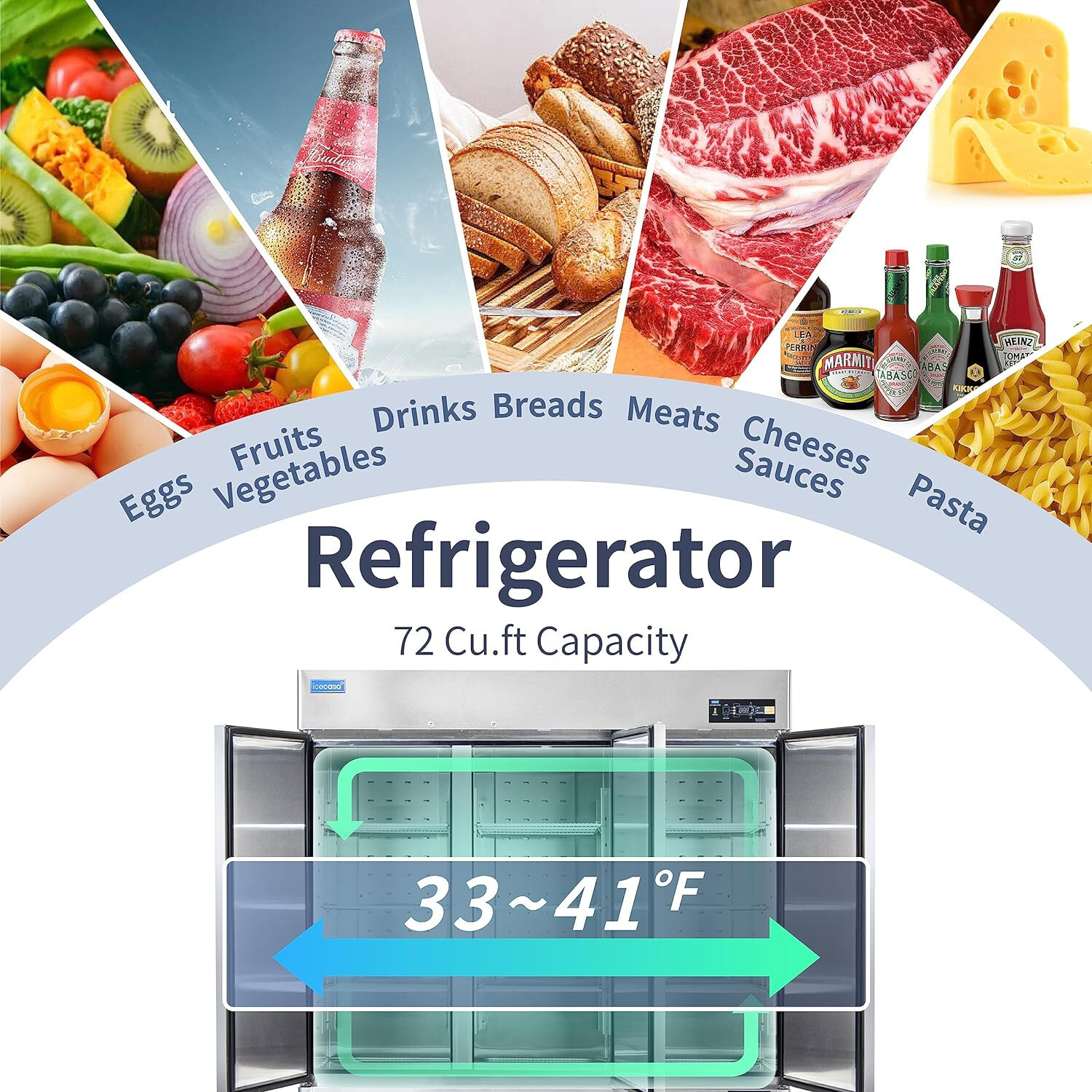 82″ Commercial Refrigerator, ICECASA 3 Door Commercial Reach-In Cooler 72 Cu.ft