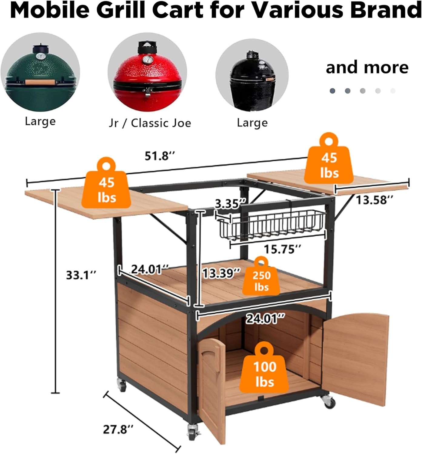 Heavy Duty Ceramic Egg Grill Cart, 51.8″ Outdoor BBQ Station for Round Smokers