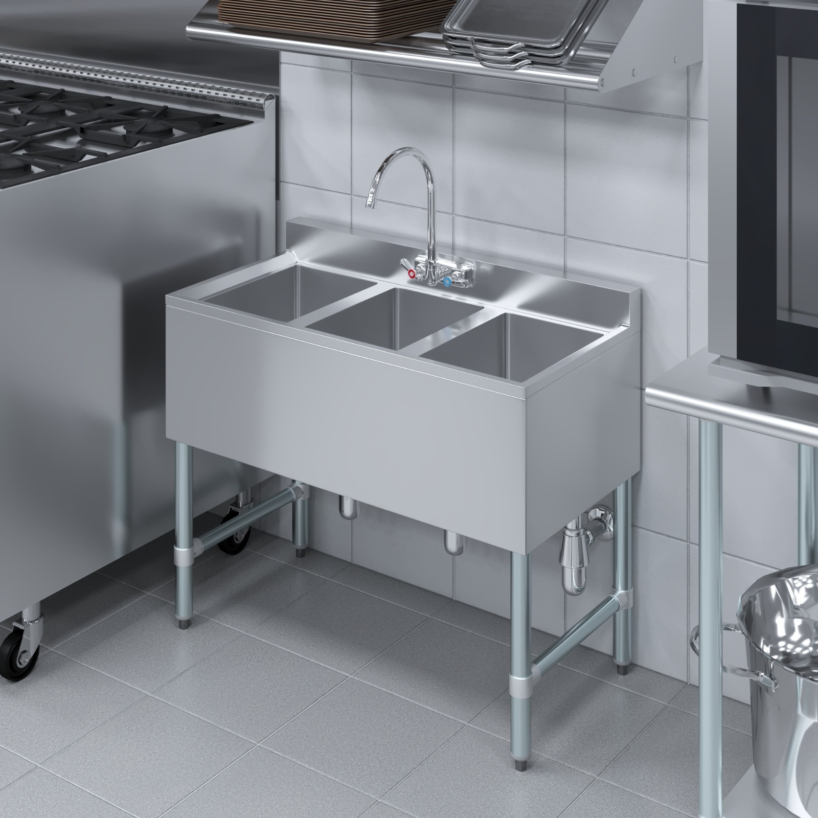 AmGood 38 in. x 19 in. Three Compartment Under Bar Sink. NSF